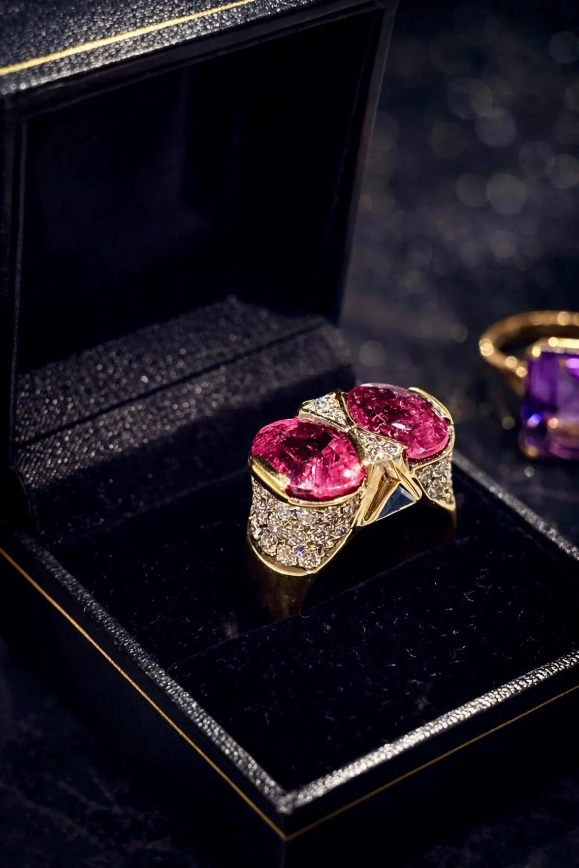 ART DECO STYLE Vintage Pink Tourmalines Diamonds & Sapphires Ring