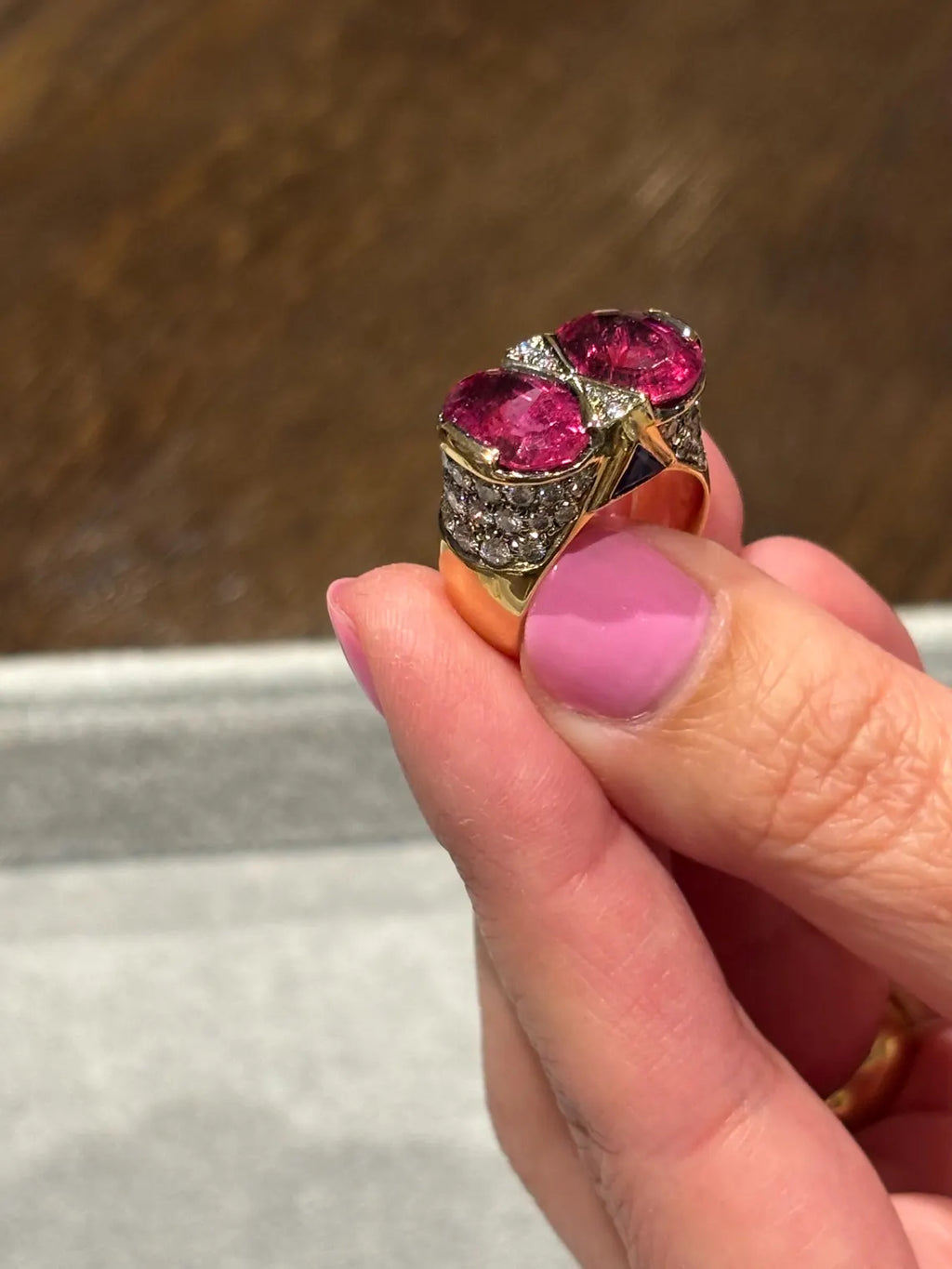 ART DECO STYLE Vintage Pink Tourmalines Diamonds & Sapphires Ring