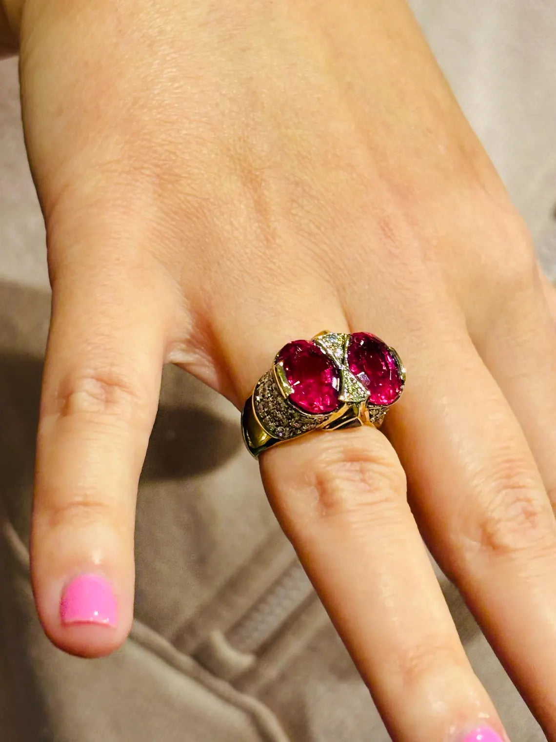 ART DECO STYLE Vintage Pink Tourmalines Diamonds & Sapphires Ring