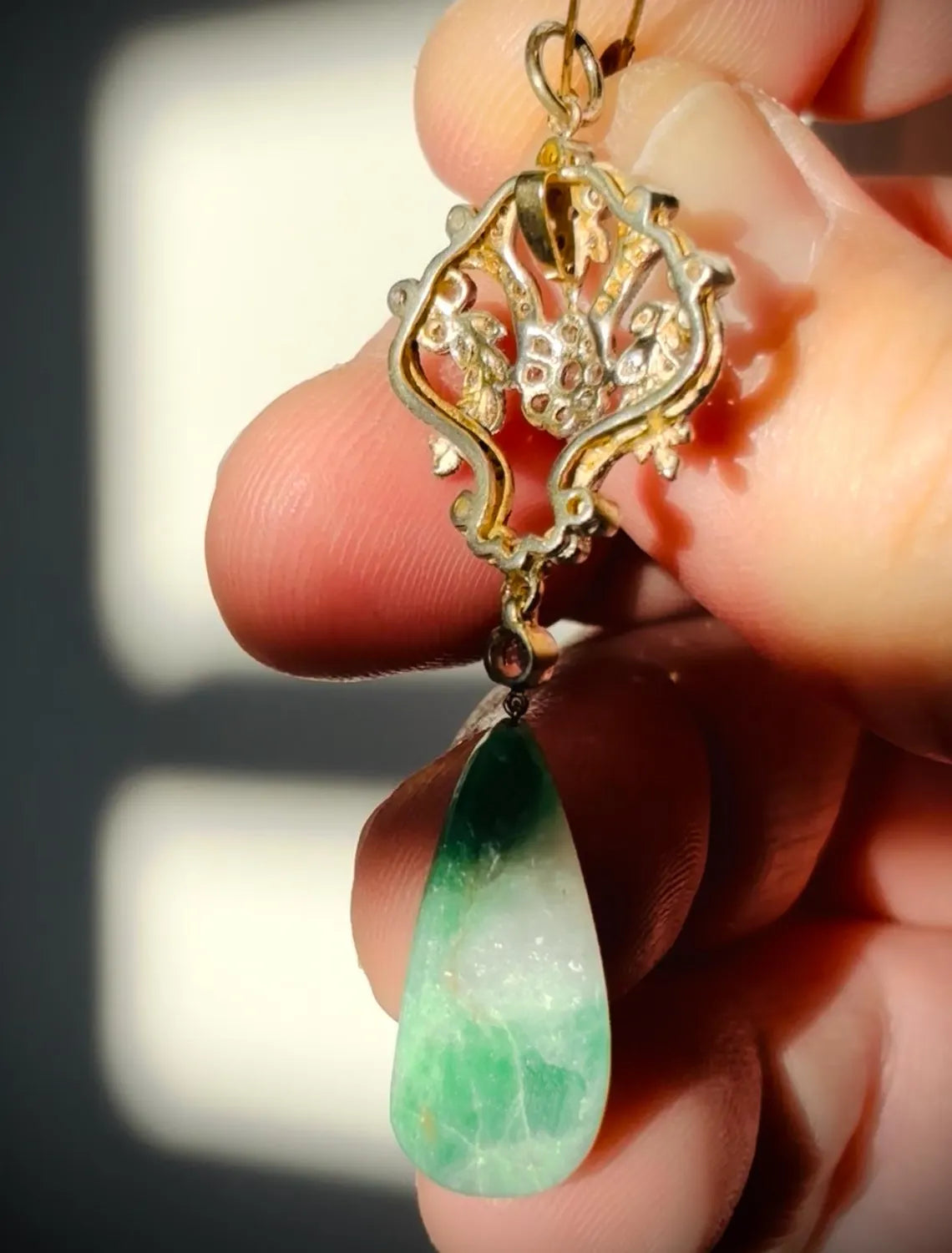 ANTIQUE JADE JADEITE & Diamonds Gold Pendant c.1900-1910