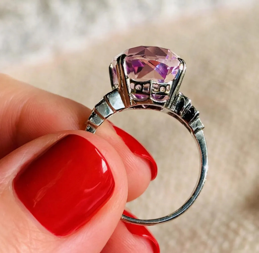 ART DECO Style 9.24 Carat KUNZITE Platinum Ring with Diamonds