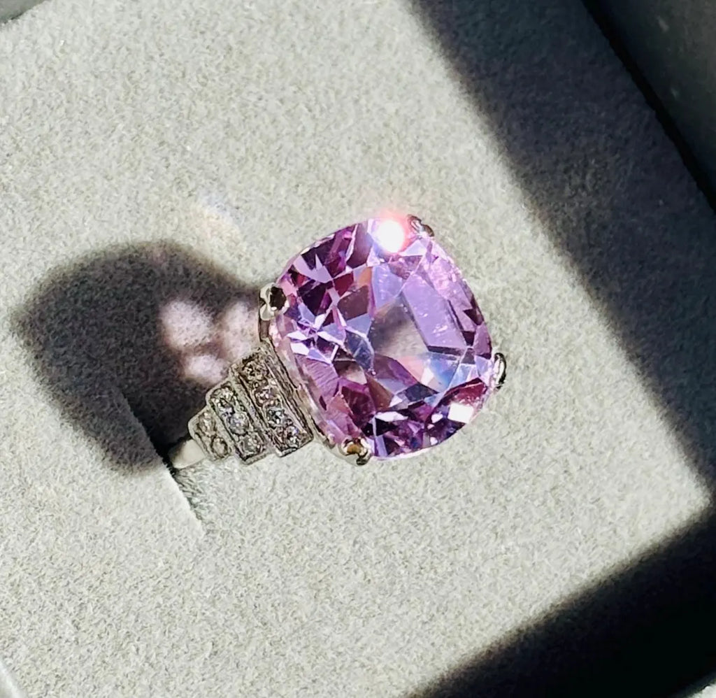 ART DECO Style 9.24 Carat KUNZITE Platinum Ring with Diamonds