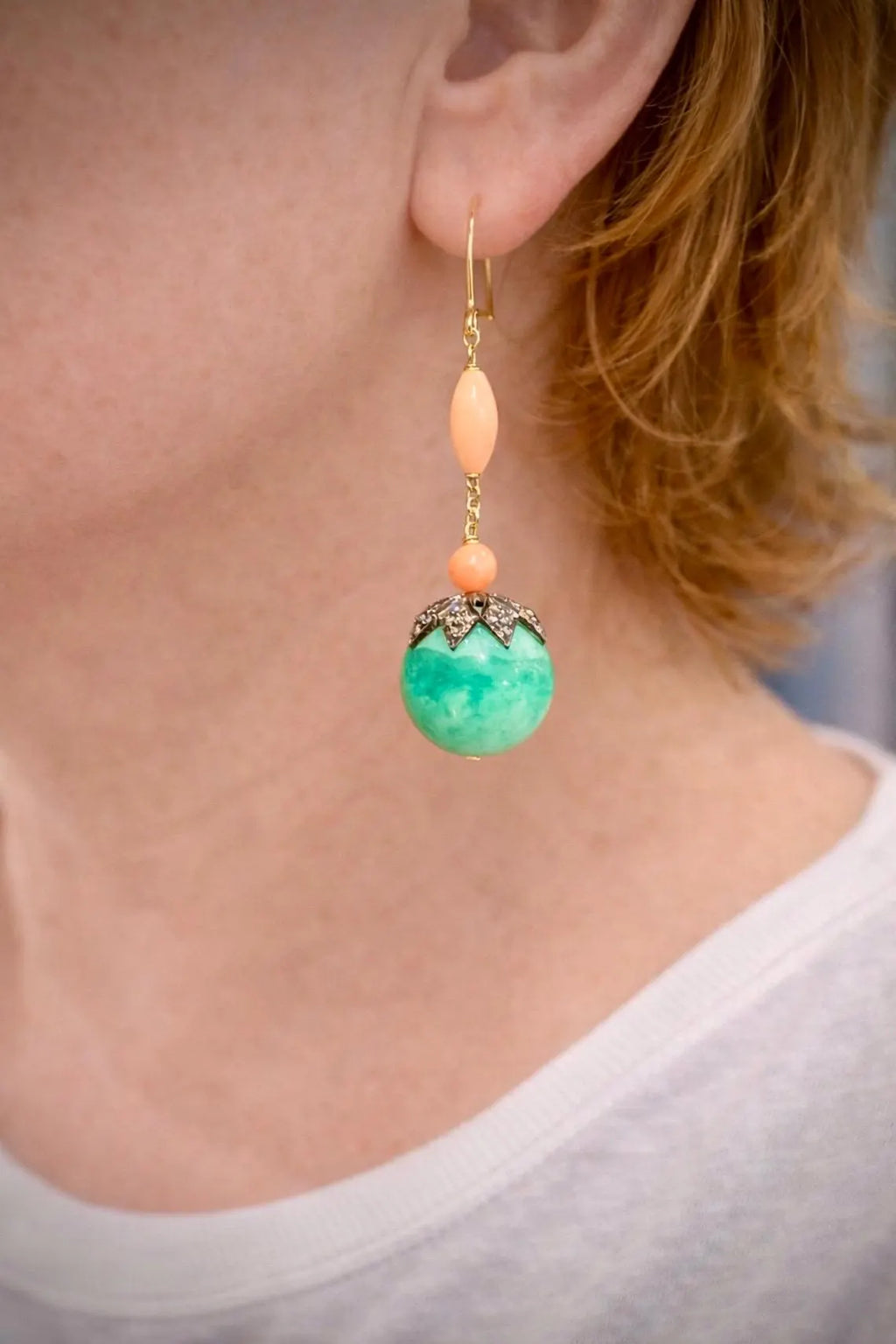 Early 20th Century Jade, Coral & Diamond Drop Earrings in 9 Carat Gold and silver
