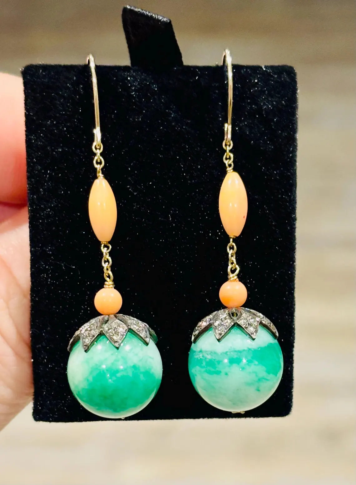 Early 20th Century Jade, Coral & Diamond Drop Earrings in 9 Carat Gold and silver