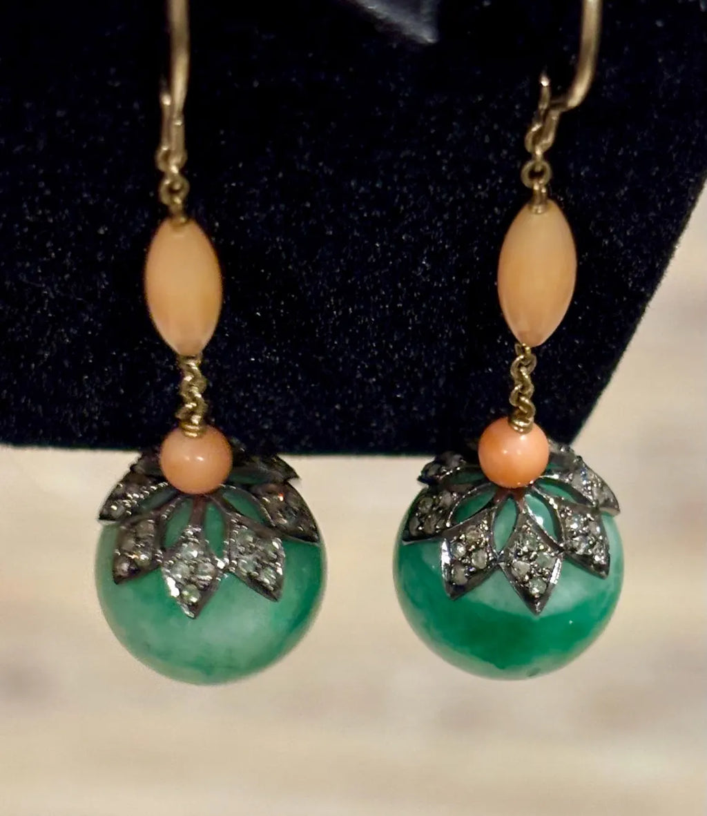 Early 20th Century Jade, Coral & Diamond Drop Earrings in 9 Carat Gold and silver