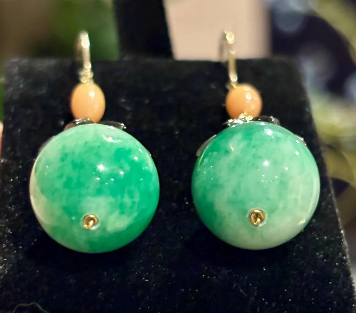 Early 20th Century Jade, Coral & Diamond Drop Earrings in 9 Carat Gold and silver