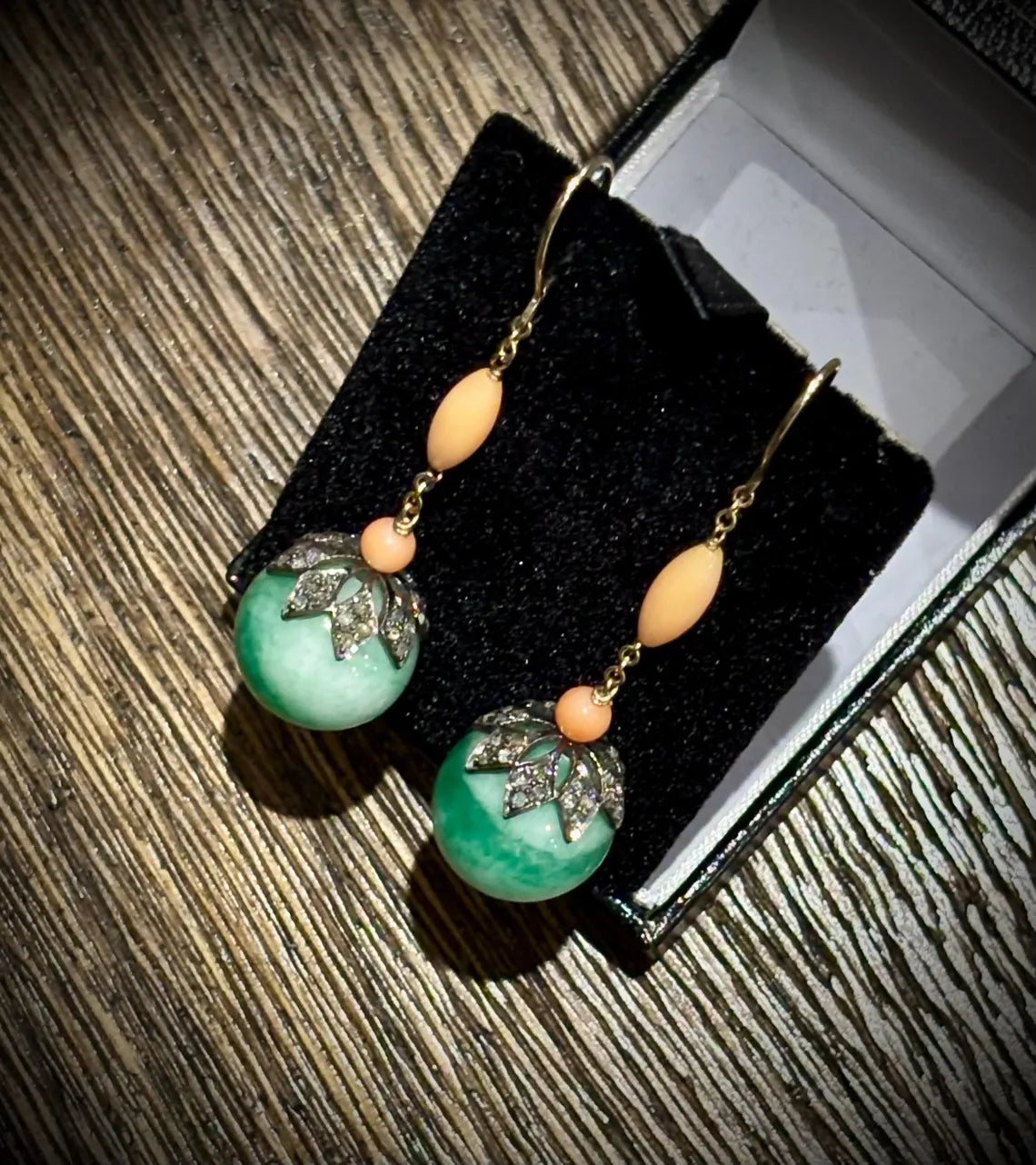 Early 20th Century Jade, Coral & Diamond Drop Earrings in 9 Carat Gold and silver