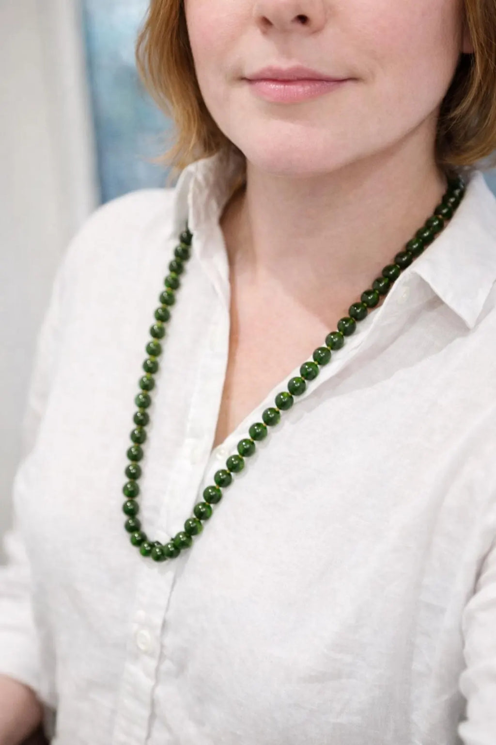 Nephrite Jade Bead Necklace, 119 Grams, Mid-20th Century