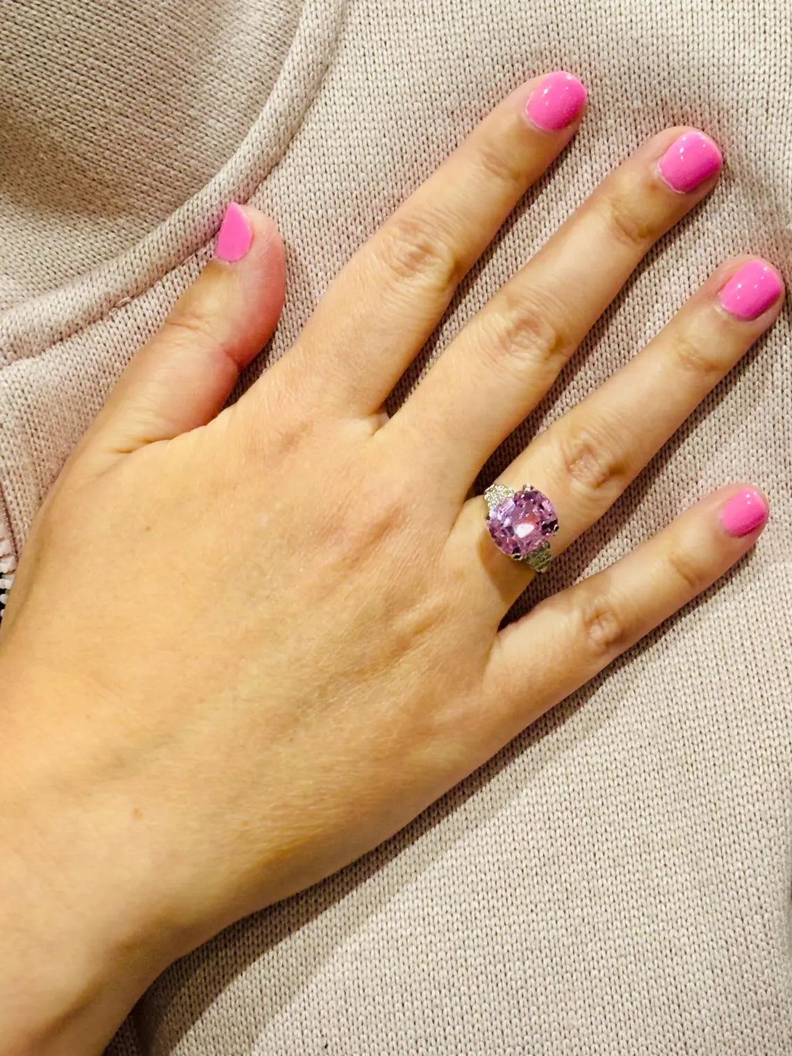 ART DECO Style 9.24 Carat KUNZITE Platinum Ring with Diamonds