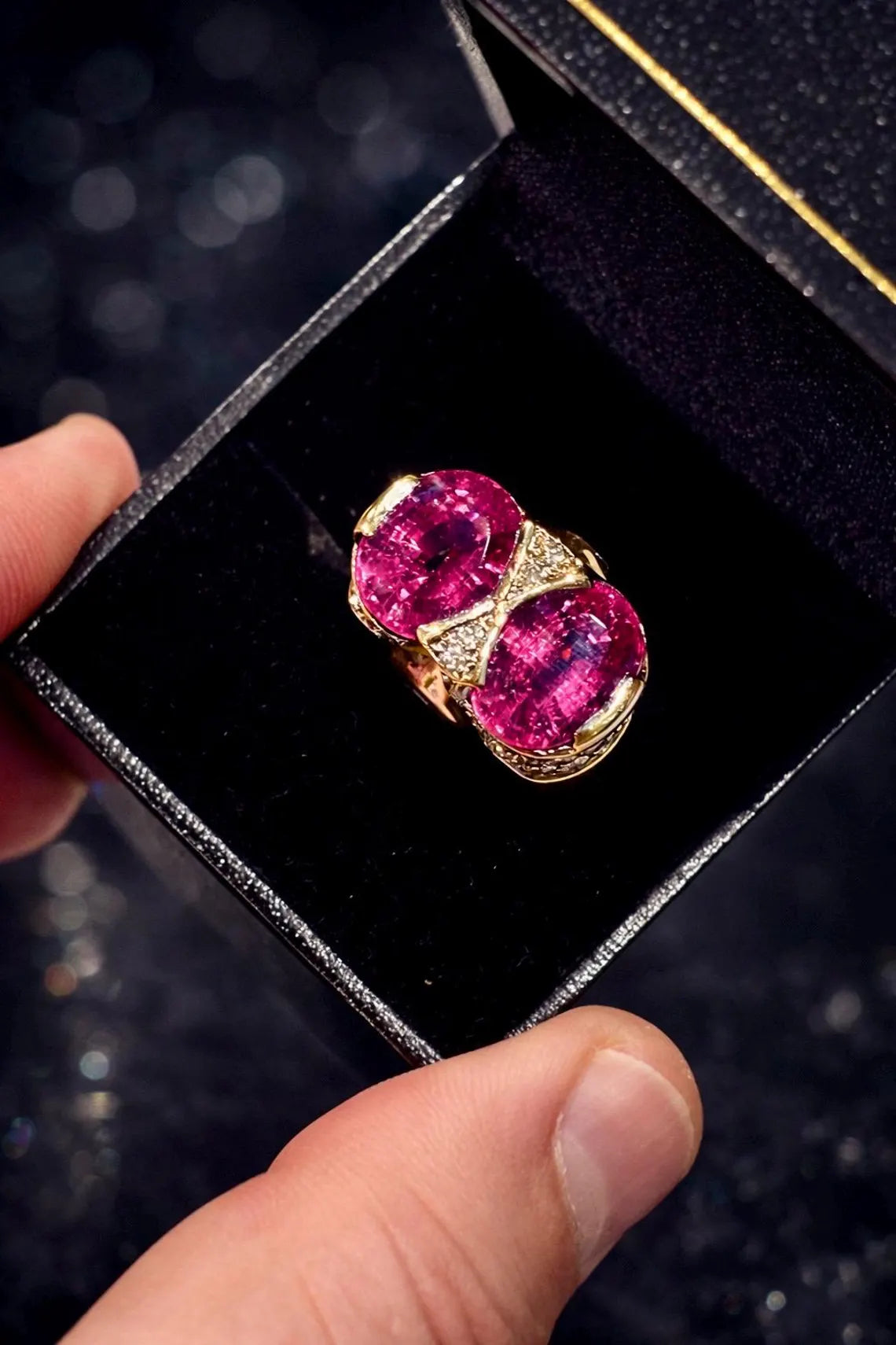 ART DECO STYLE Vintage Pink Tourmalines Diamonds & Sapphires Ring