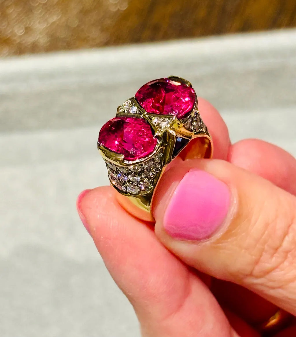 ART DECO STYLE Vintage Pink Tourmalines Diamonds & Sapphires Ring