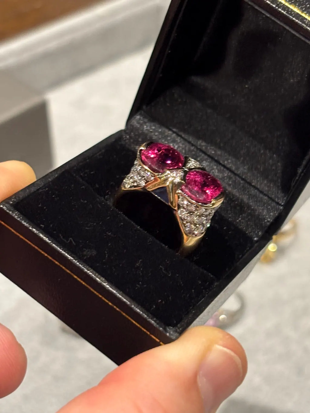 ART DECO STYLE Vintage Pink Tourmalines Diamonds & Sapphires Ring