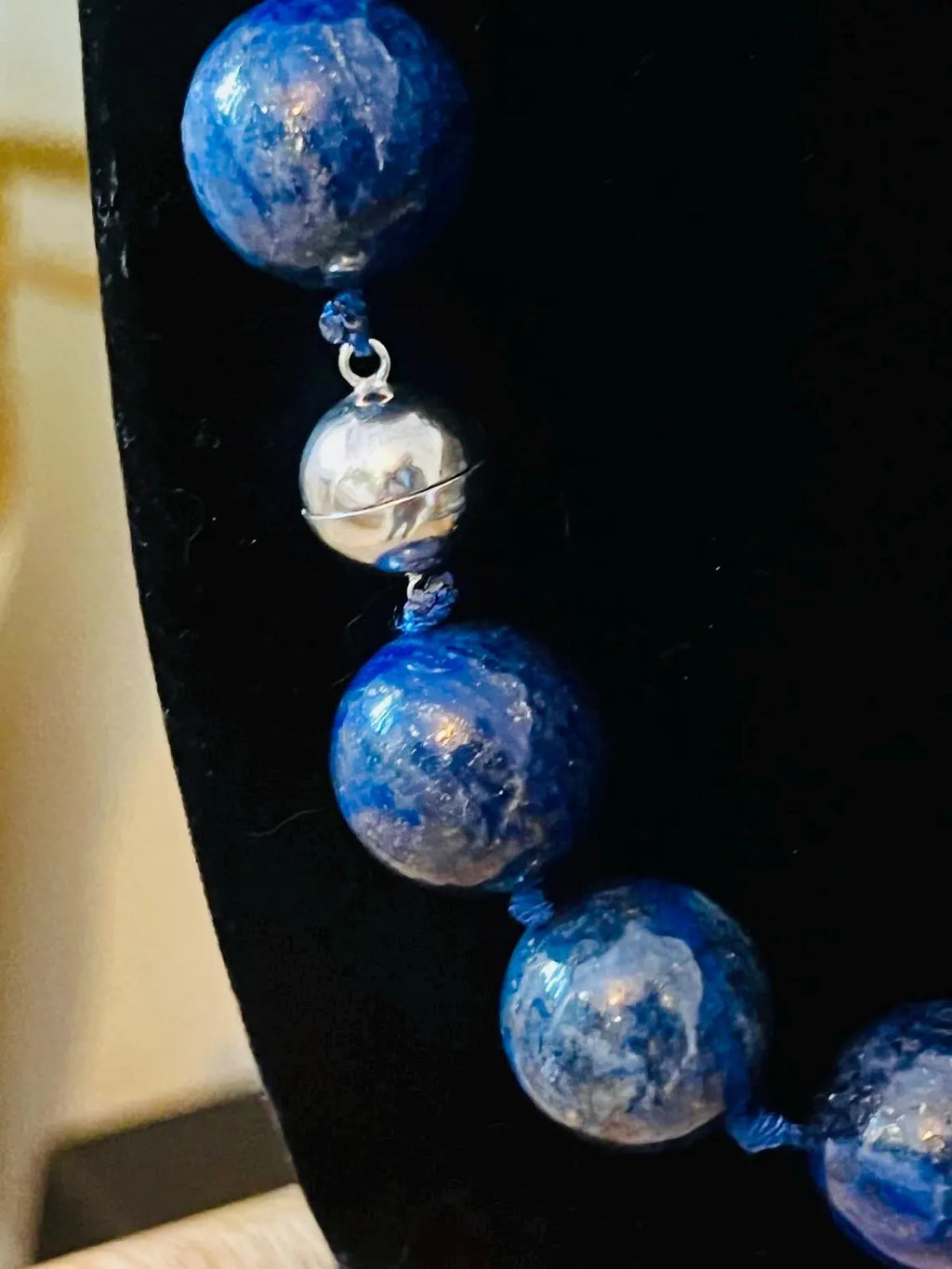Large Lapis Lazuli Bead Necklace with Silver Magnetic Clasp, Late 20th Century