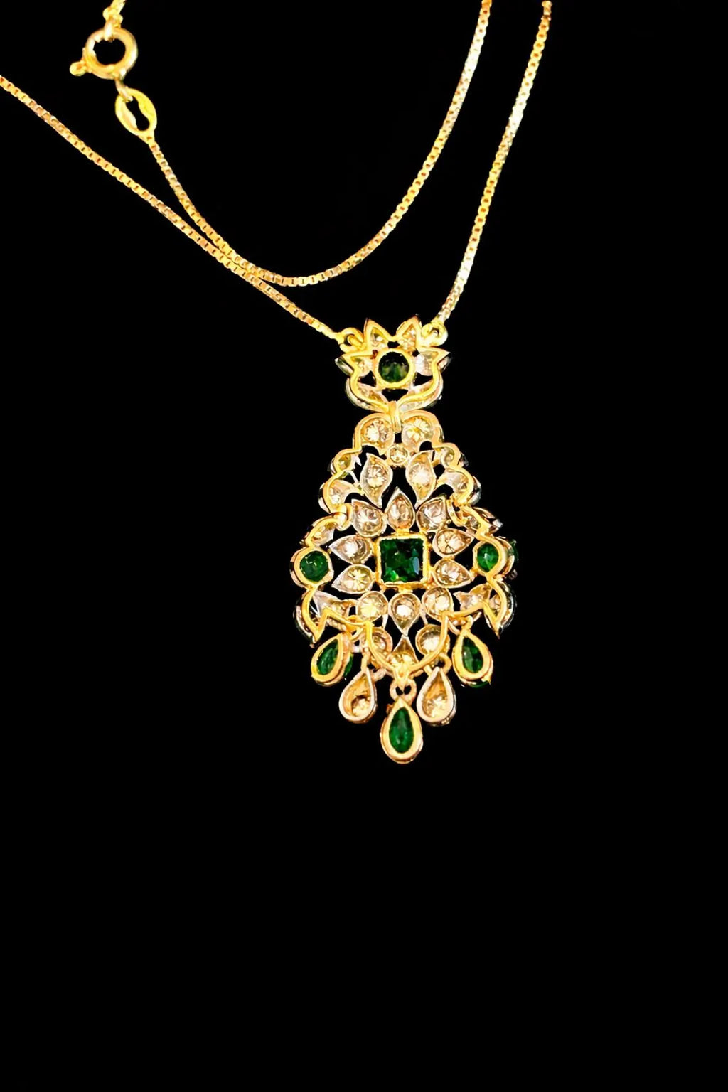 Edwardian Style Emerald and Diamond Drop Pendant Necklace, 18K Yellow Gold