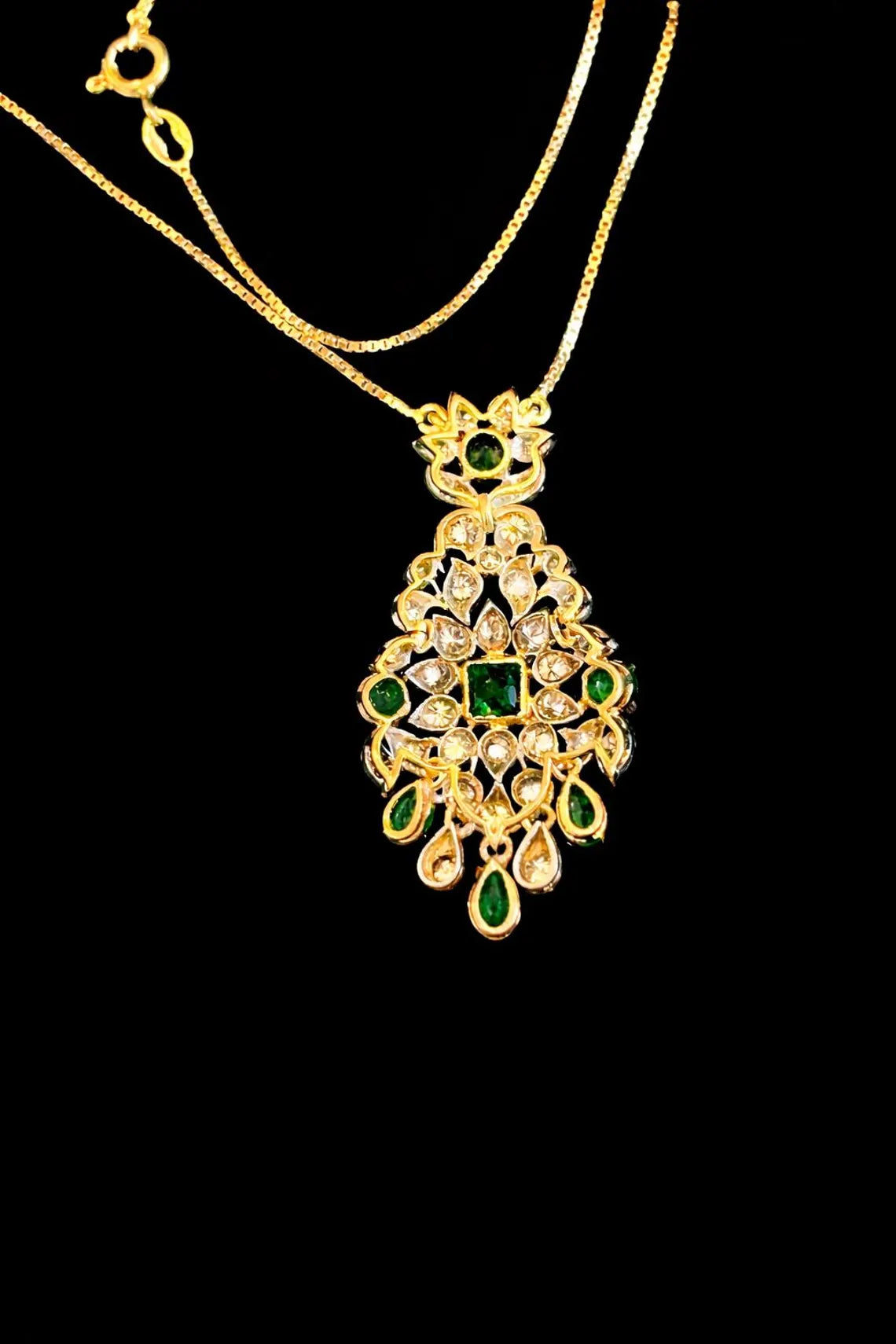 Edwardian Style Emerald and Diamond Drop Pendant Necklace, 18K Yellow Gold