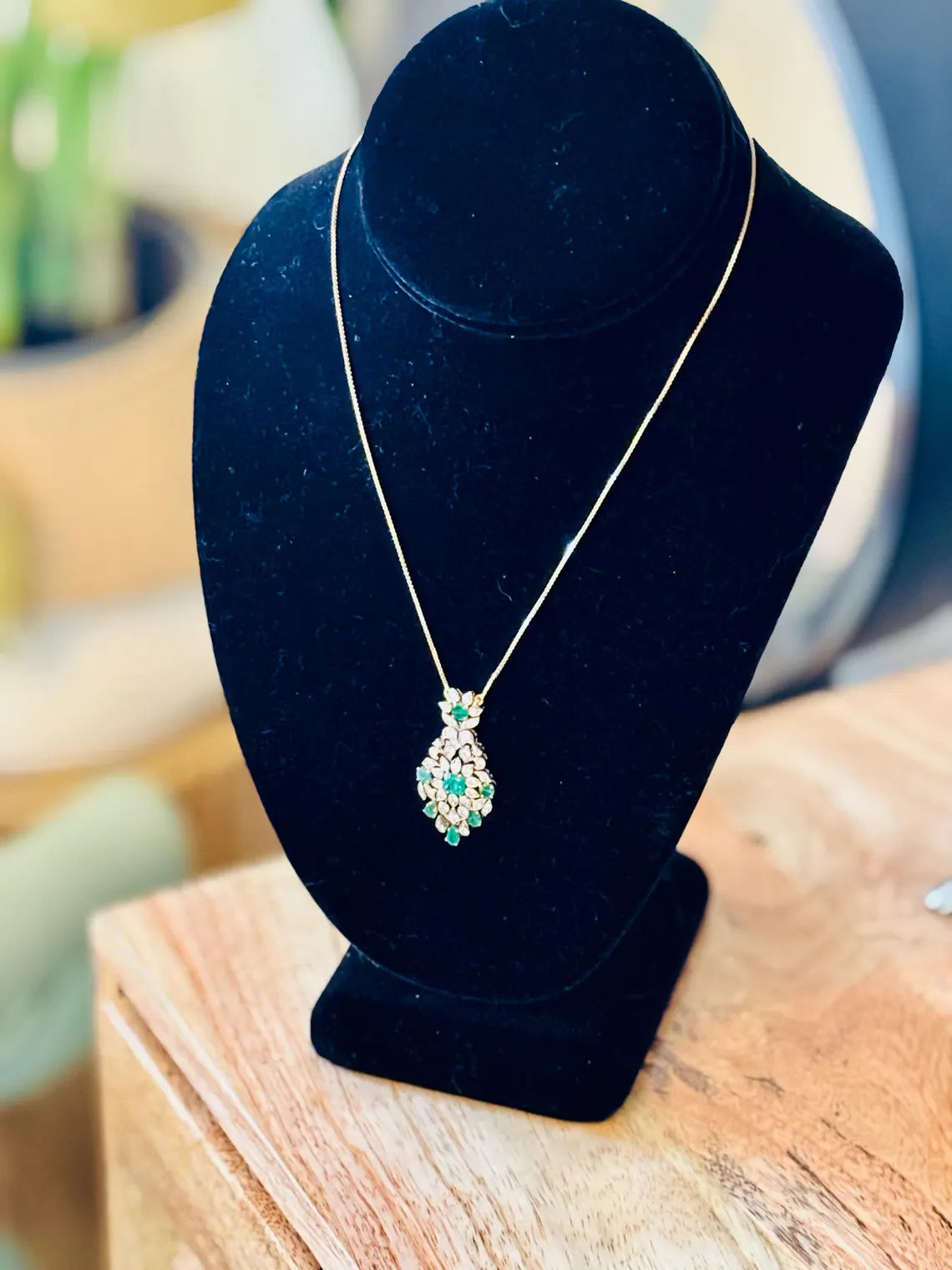 Edwardian Style Emerald and Diamond Drop Pendant Necklace, 18K Yellow Gold