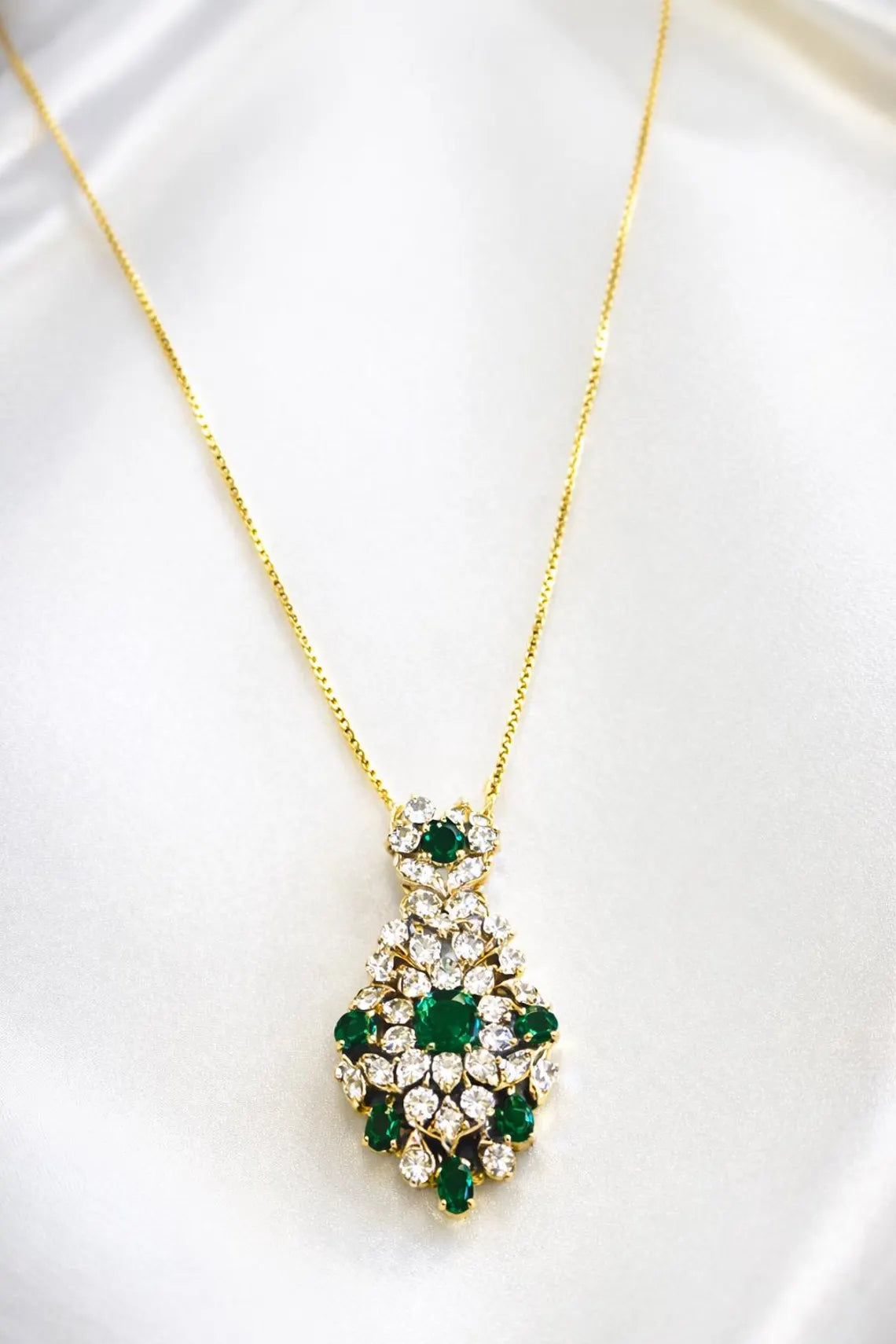 Edwardian Style Emerald and Diamond Drop Pendant Necklace, 18K Yellow Gold