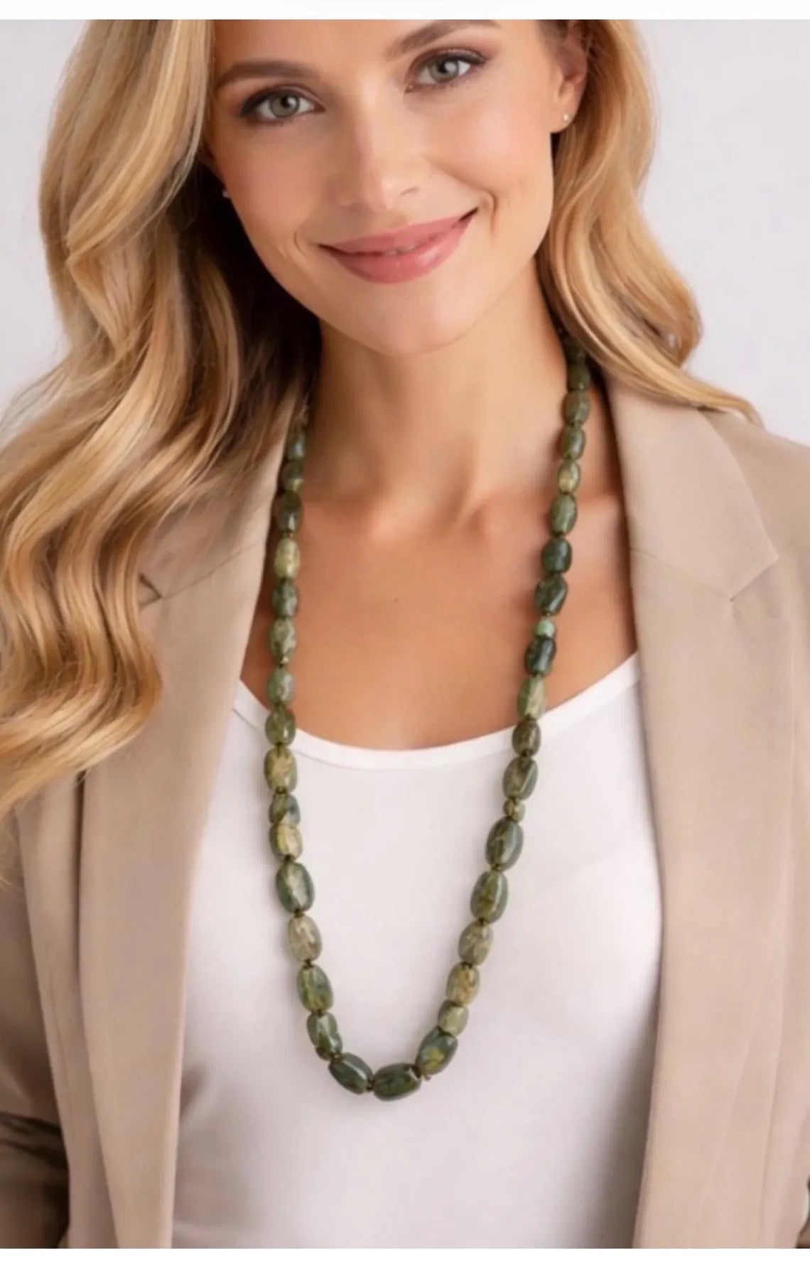 Vintage 1920s–40s Moss Agate Long Necklace