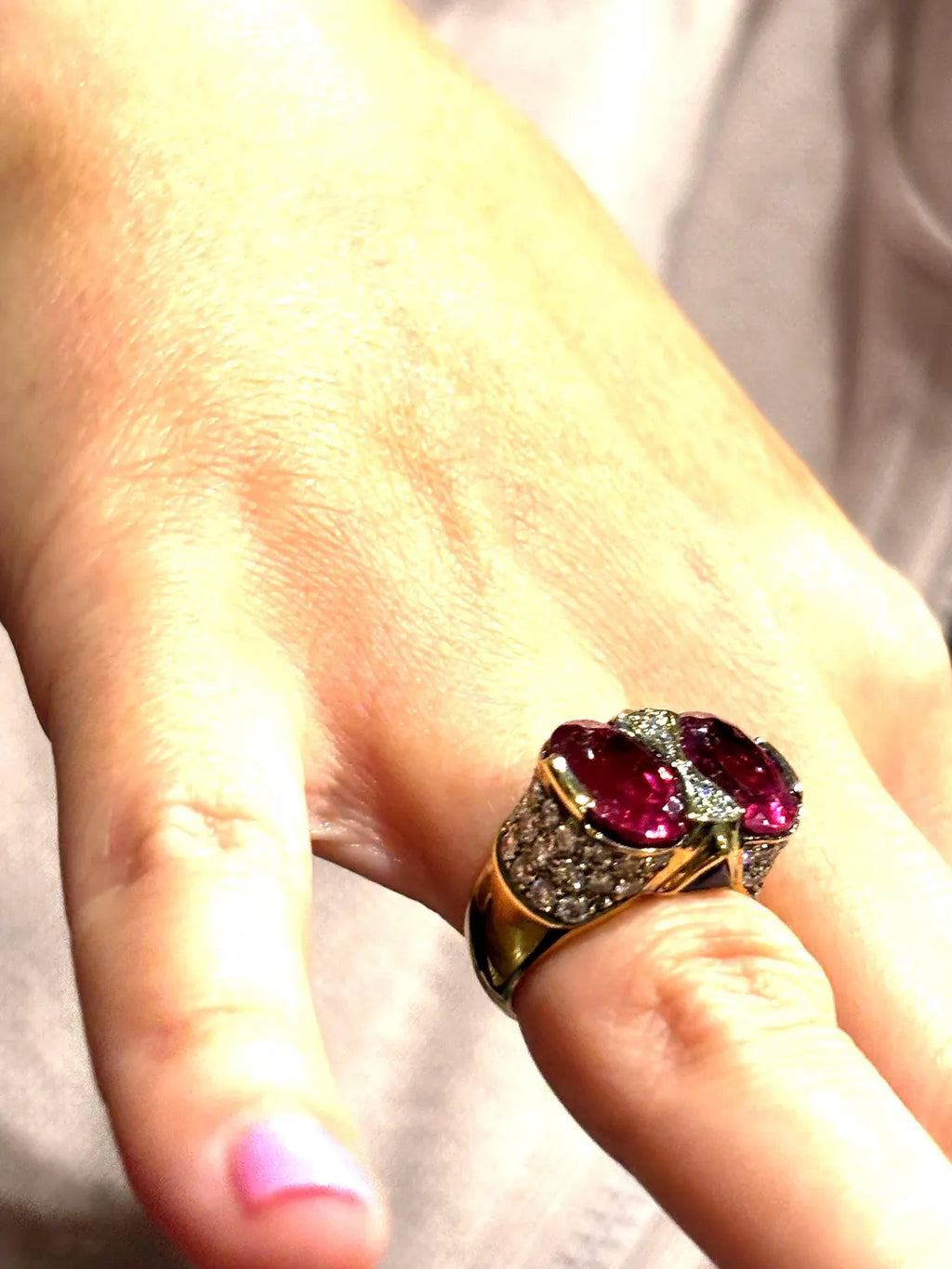 ART DECO STYLE Vintage Pink Tourmalines Diamonds & Sapphires Ring