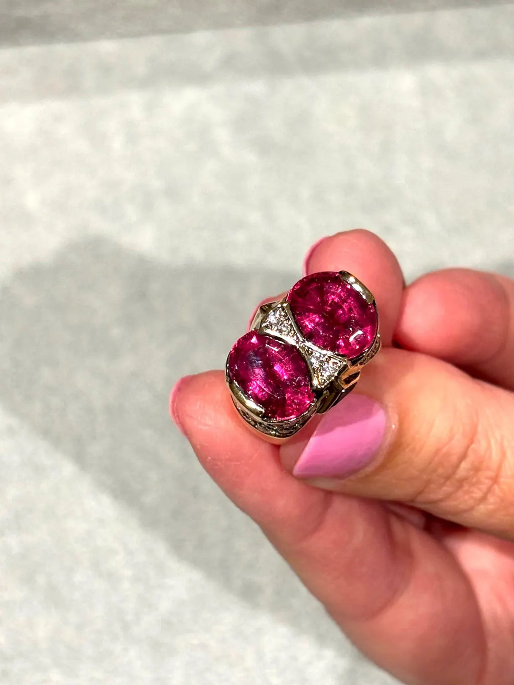 ART DECO STYLE Vintage Pink Tourmalines Diamonds & Sapphires Ring