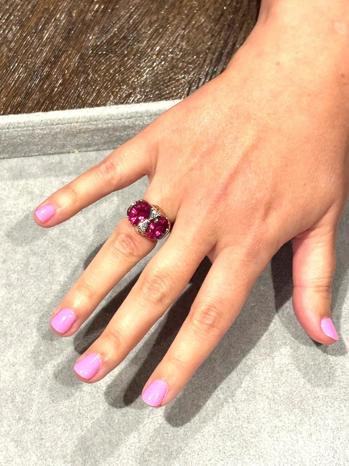 ART DECO STYLE Vintage Pink Tourmalines Diamonds & Sapphires Ring