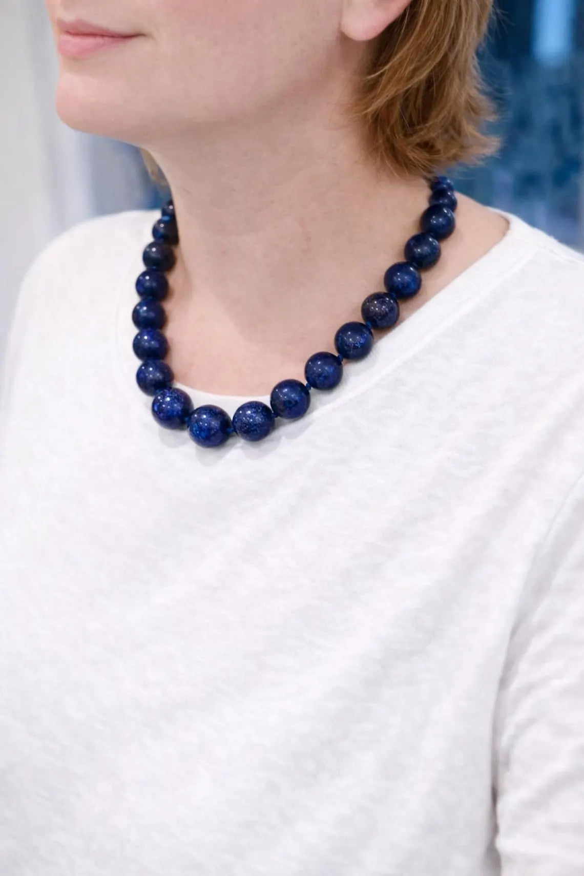 Large Lapis Lazuli Bead Necklace with Silver Magnetic Clasp, Late 20th Century