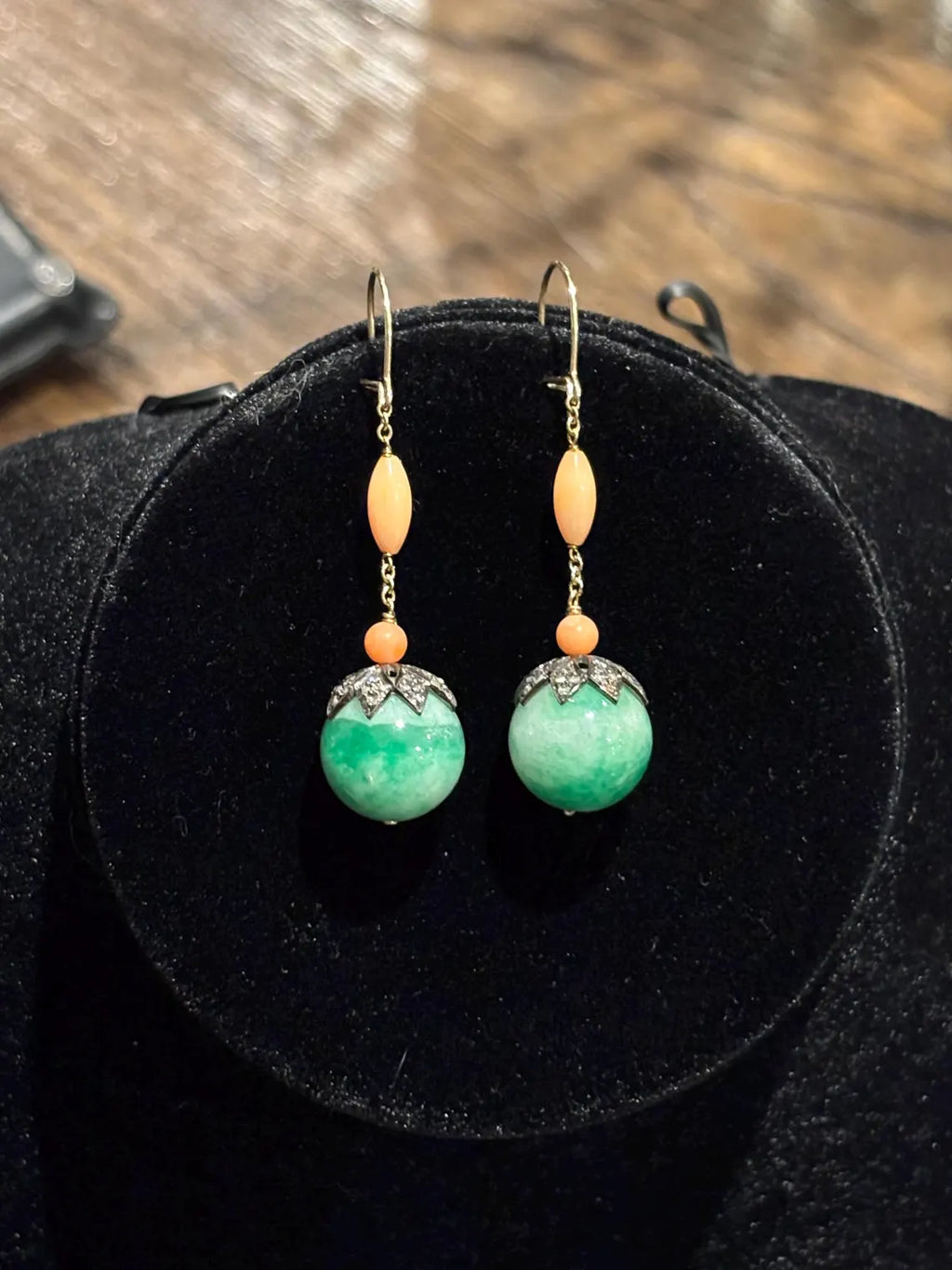 Early 20th Century Jade, Coral & Diamond Drop Earrings in 9 Carat Gold and silver