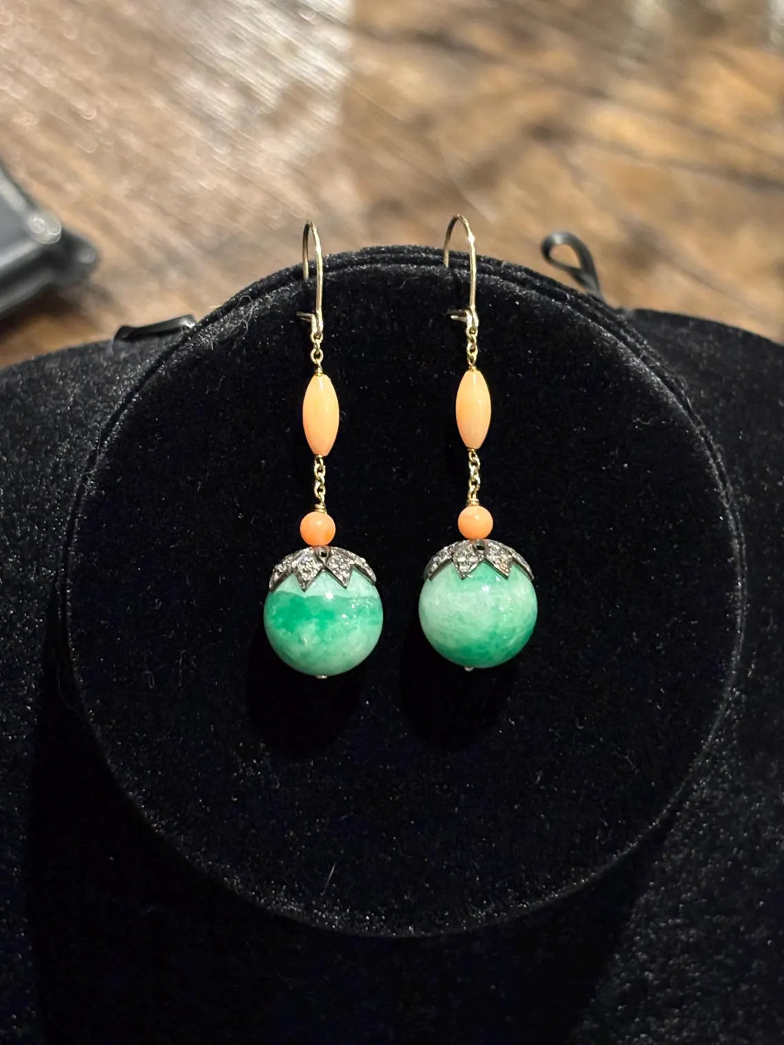 Early 20th Century Jade, Coral & Diamond Drop Earrings in 9 Carat Gold and silver