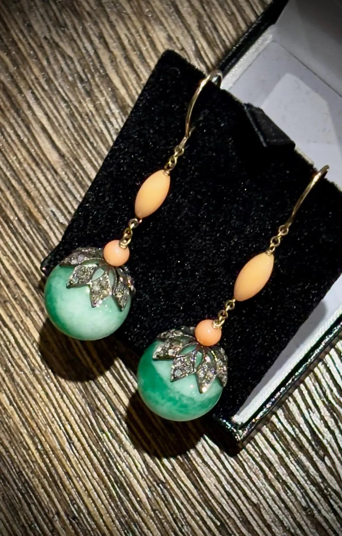 Early 20th Century Jade, Coral & Diamond Drop Earrings in 9 Carat Gold and silver