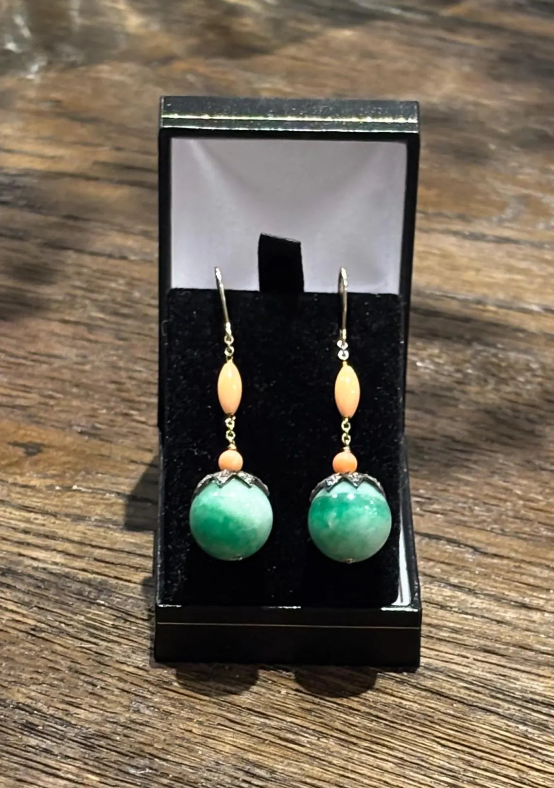 Early 20th Century Jade, Coral & Diamond Drop Earrings in 9 Carat Gold and silver