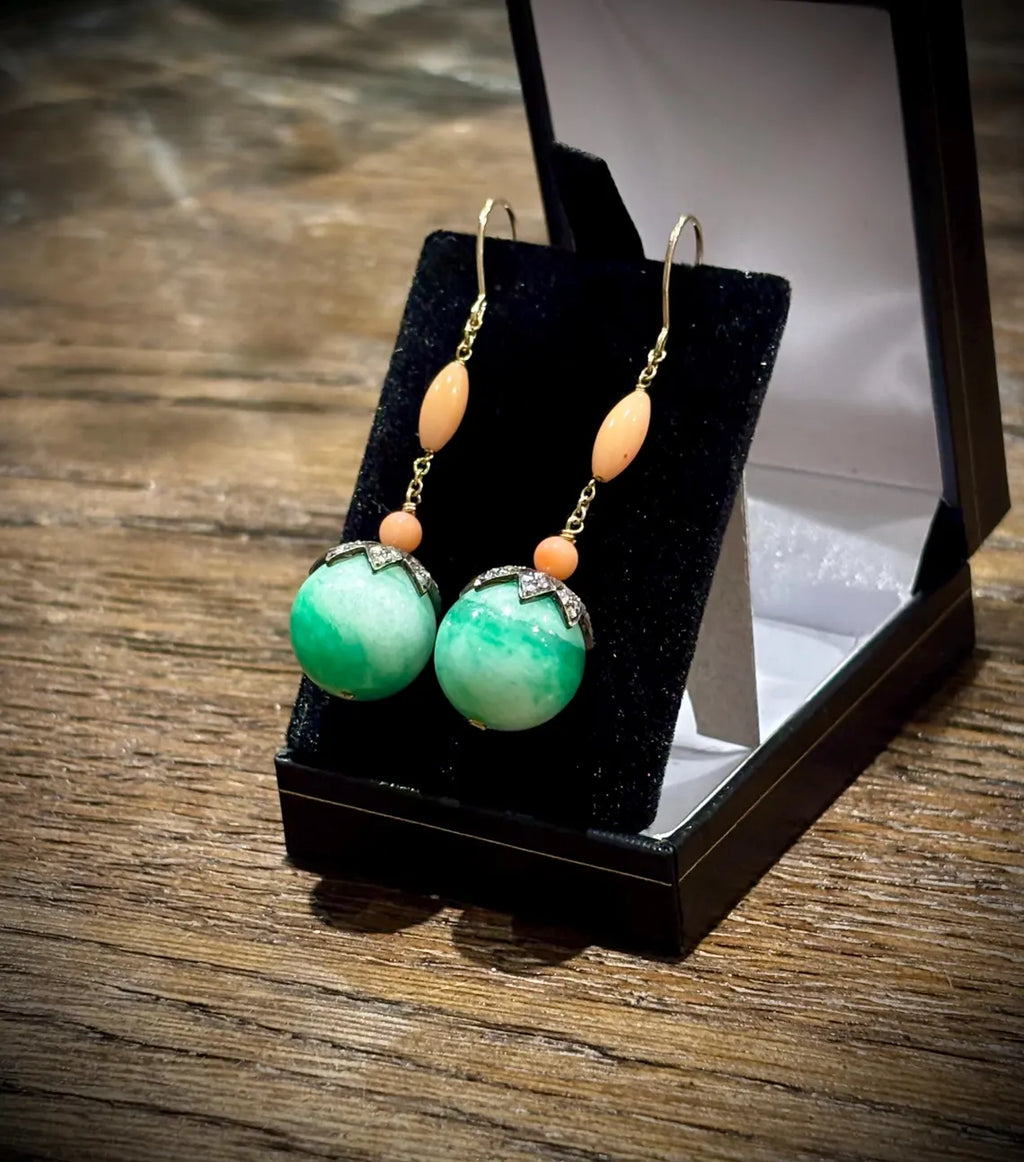 Early 20th Century Jade, Coral & Diamond Drop Earrings in 9 Carat Gold and silver