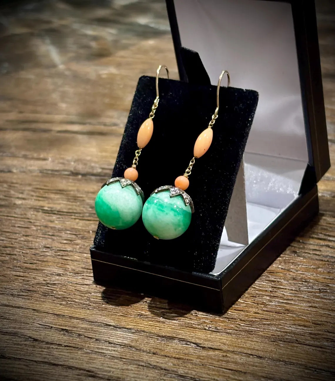 Early 20th Century Jade, Coral & Diamond Drop Earrings in 9 Carat Gold and silver