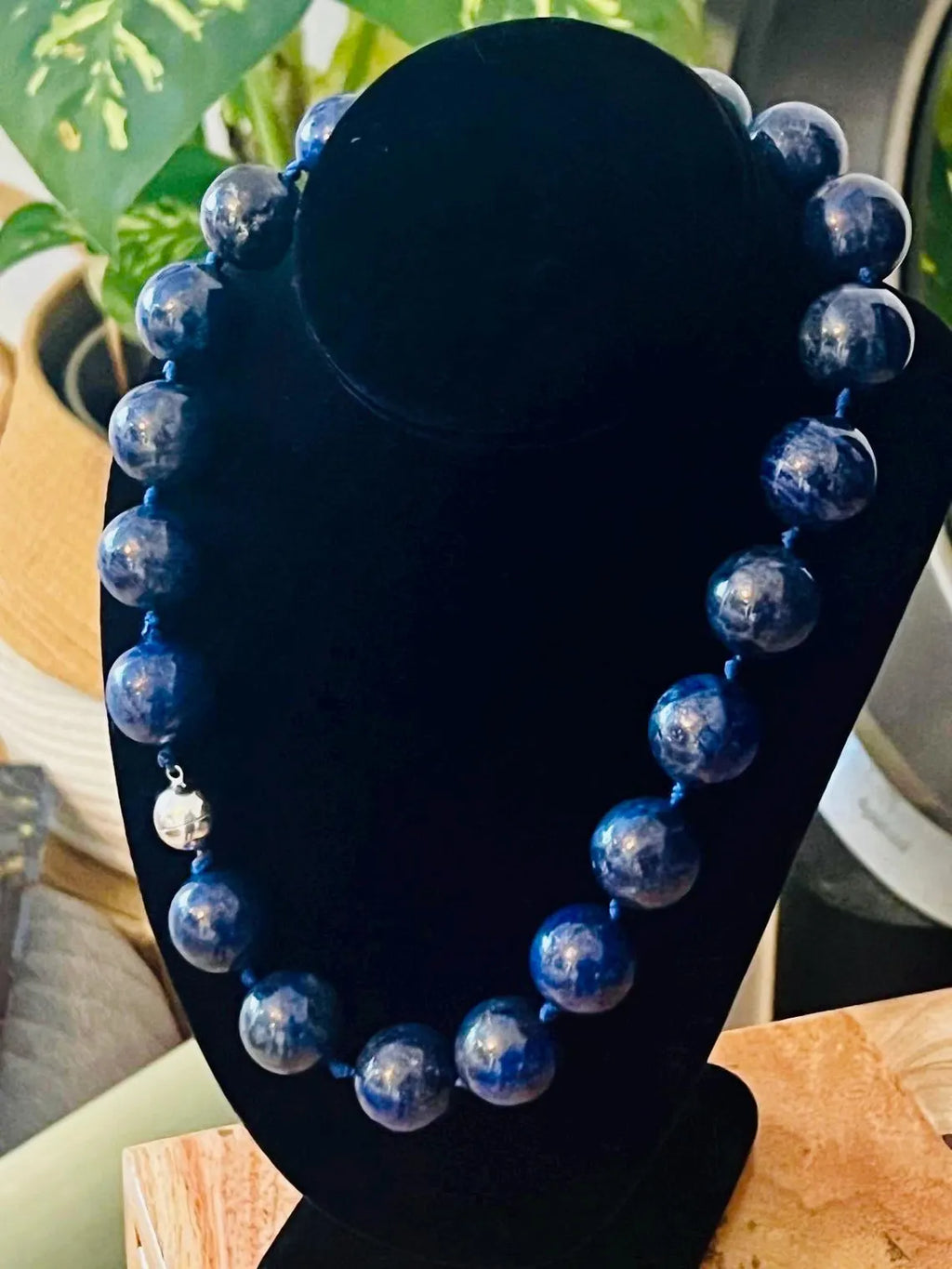 Large Lapis Lazuli Bead Necklace with Silver Magnetic Clasp, Late 20th Century