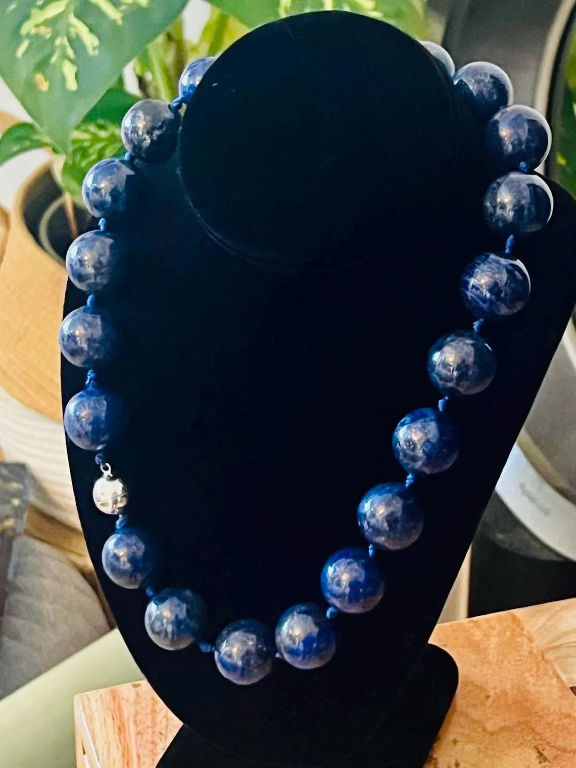 Large Lapis Lazuli Bead Necklace with Silver Magnetic Clasp, Late 20th Century