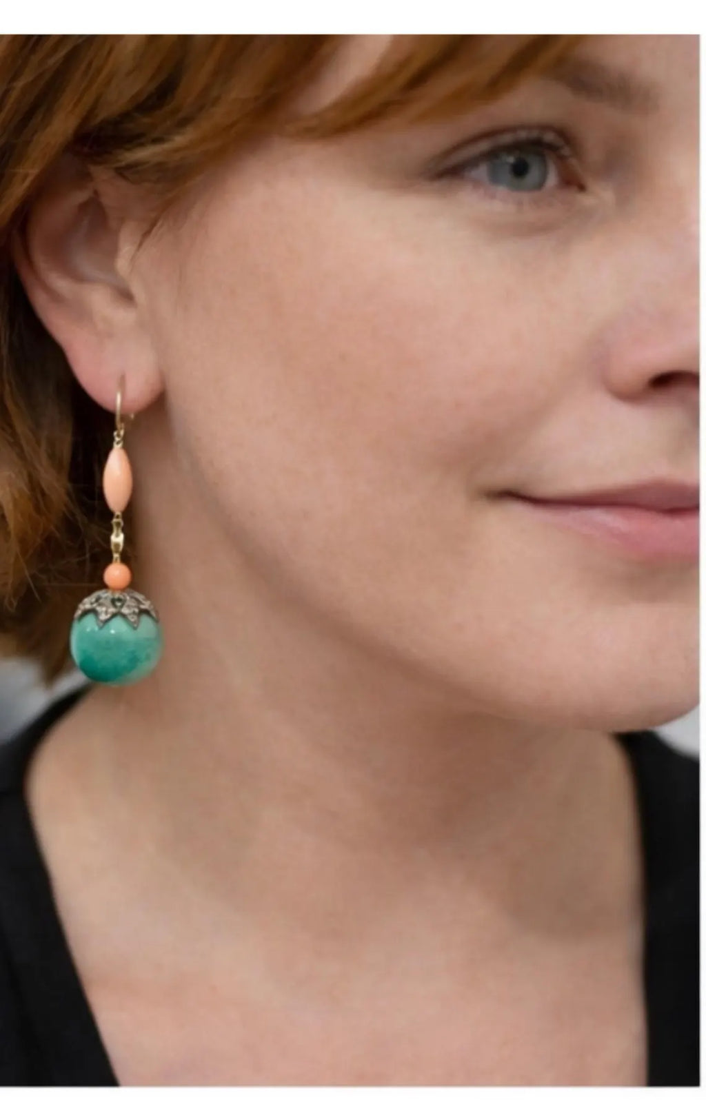 Early 20th Century Jade, Coral & Diamond Drop Earrings in 9 Carat Gold and silver
