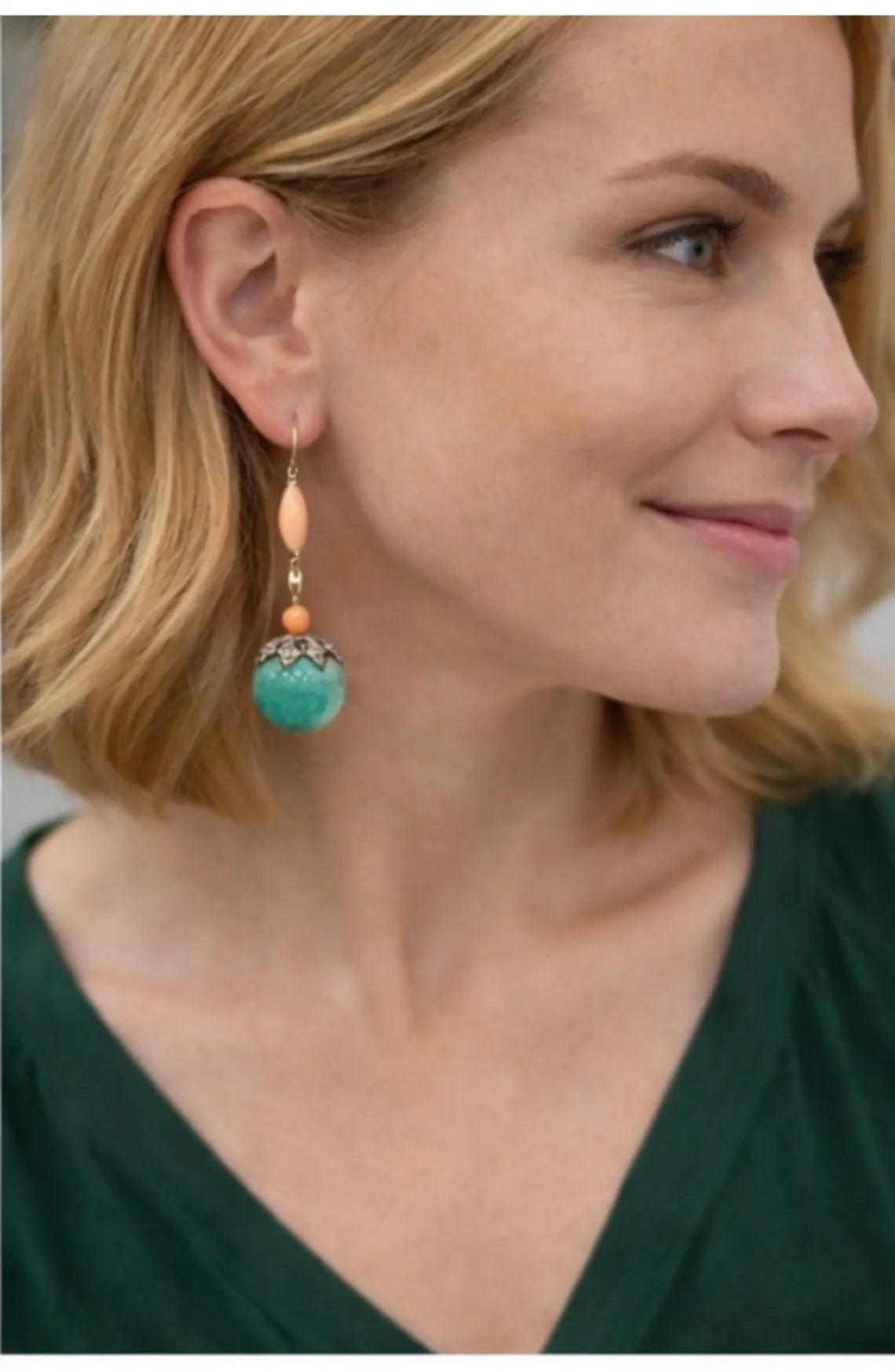 Early 20th Century Jade, Coral & Diamond Drop Earrings in 9 Carat Gold and silver