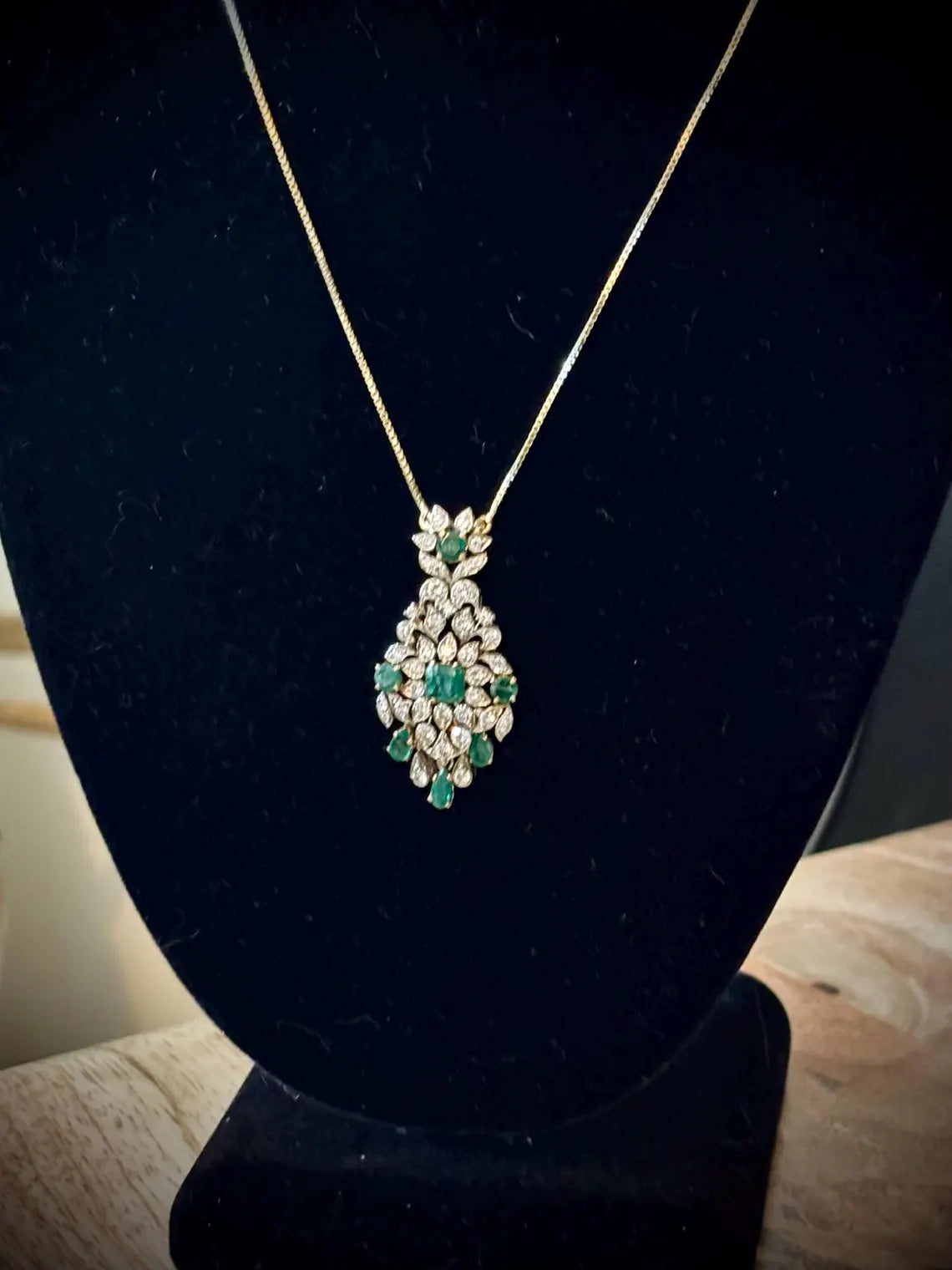 Edwardian Style Emerald and Diamond Drop Pendant Necklace, 18K Yellow Gold