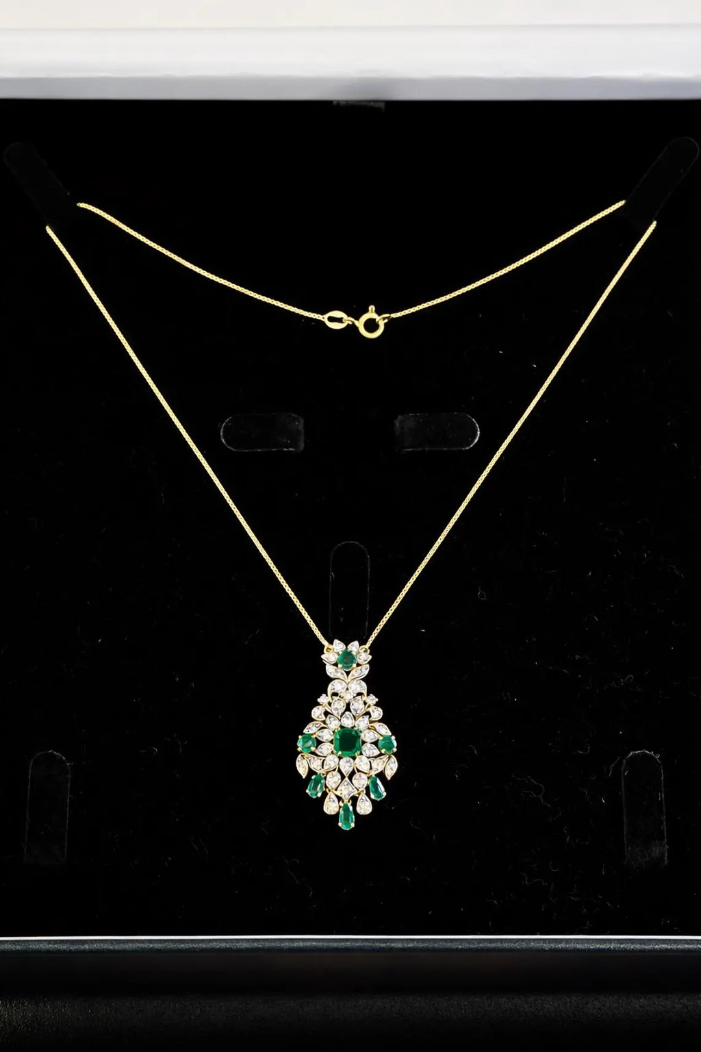Edwardian Style Emerald and Diamond Drop Pendant Necklace, 18K Yellow Gold