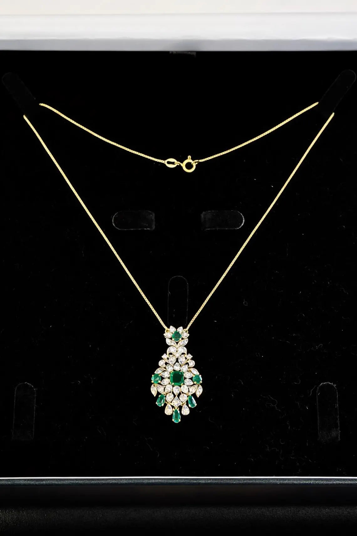 Edwardian Style Emerald and Diamond Drop Pendant Necklace, 18K Yellow Gold