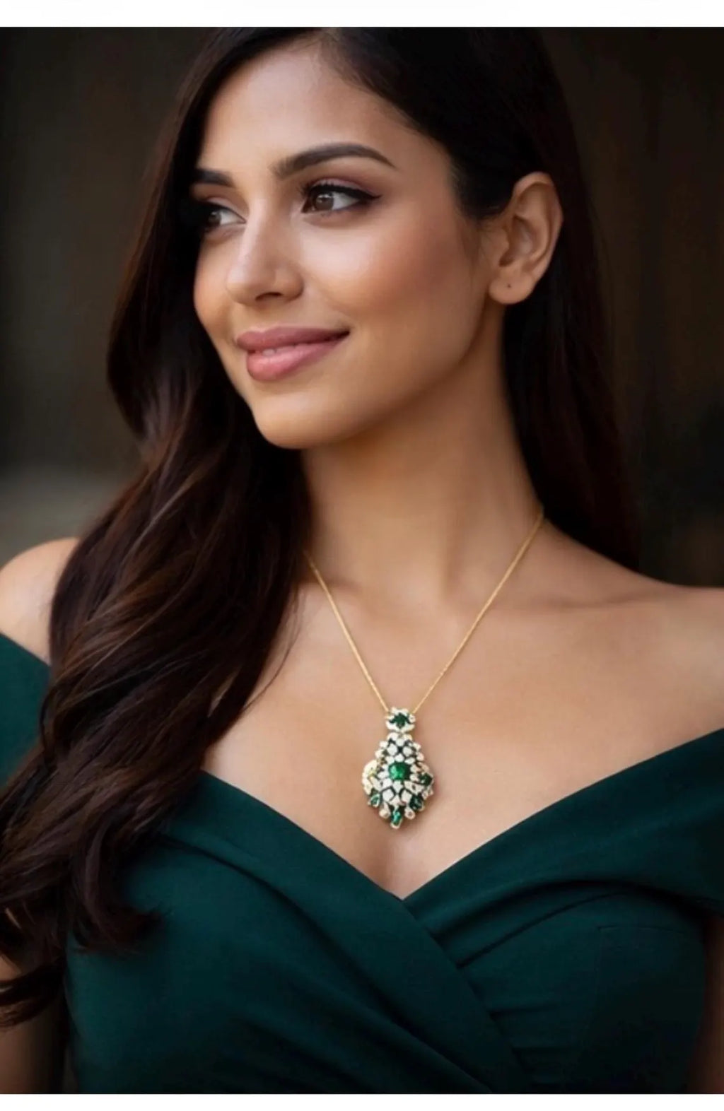 Edwardian Style Emerald and Diamond Drop Pendant Necklace, 18K Yellow Gold