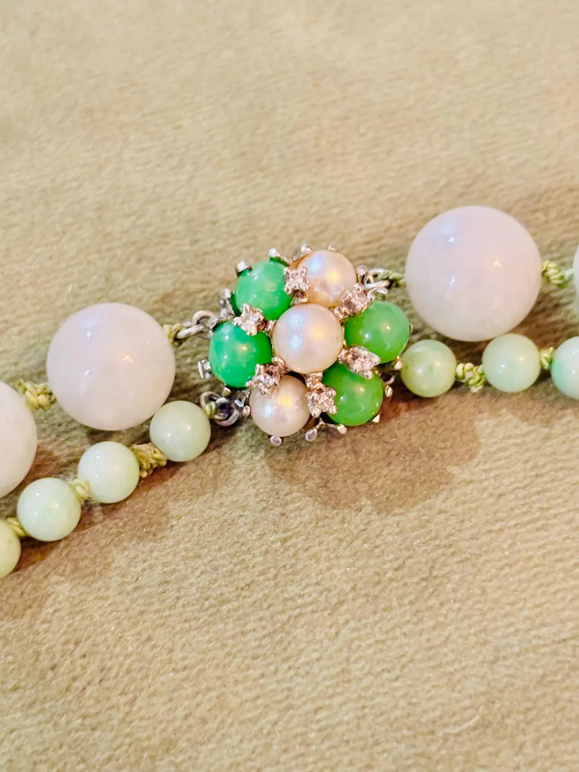 Certified Double Strand Natural Jade Bead Necklace, 14k Diamond Pearl Clasp, Statement Piece