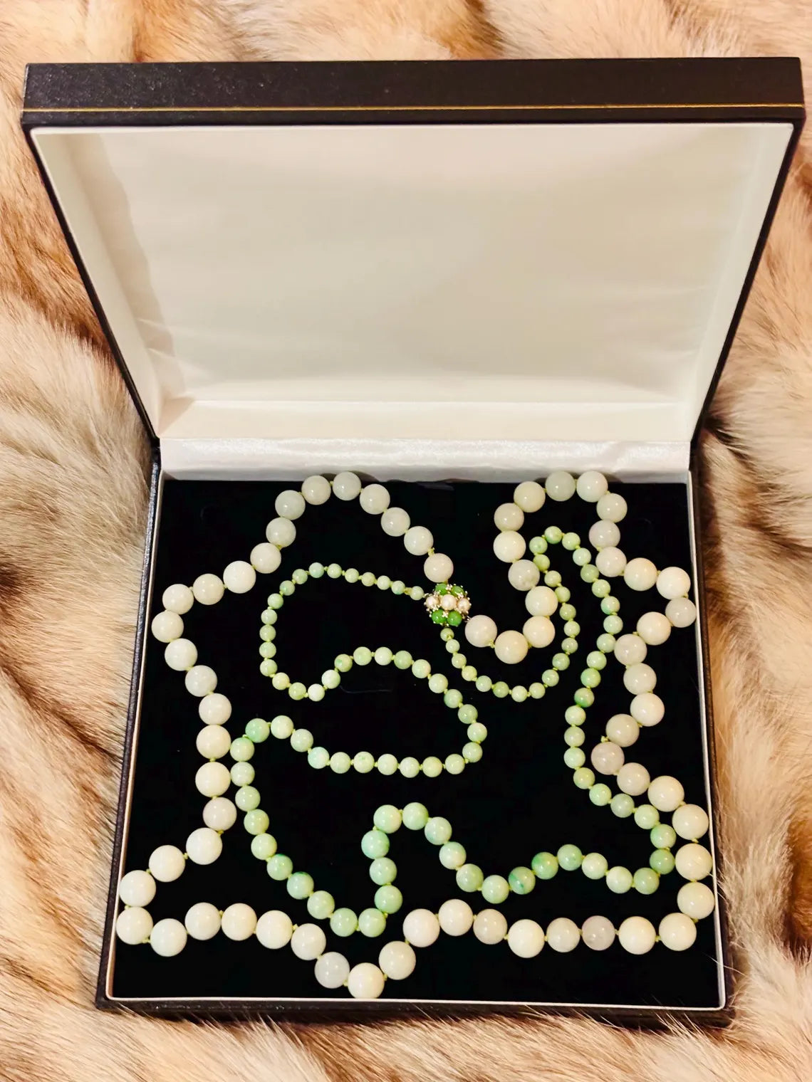Certified Double Strand Natural Jade Bead Necklace, 14k Diamond Pearl Clasp, Statement Piece