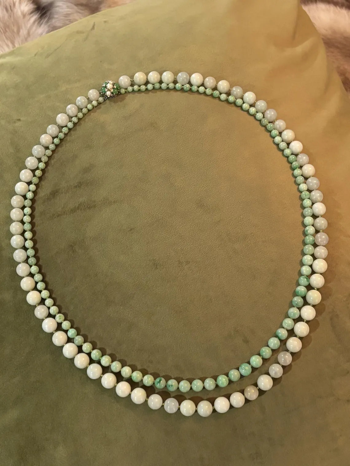 Certified Double Strand Natural Jade Bead Necklace, 14k Diamond Pearl Clasp, Statement Piece
