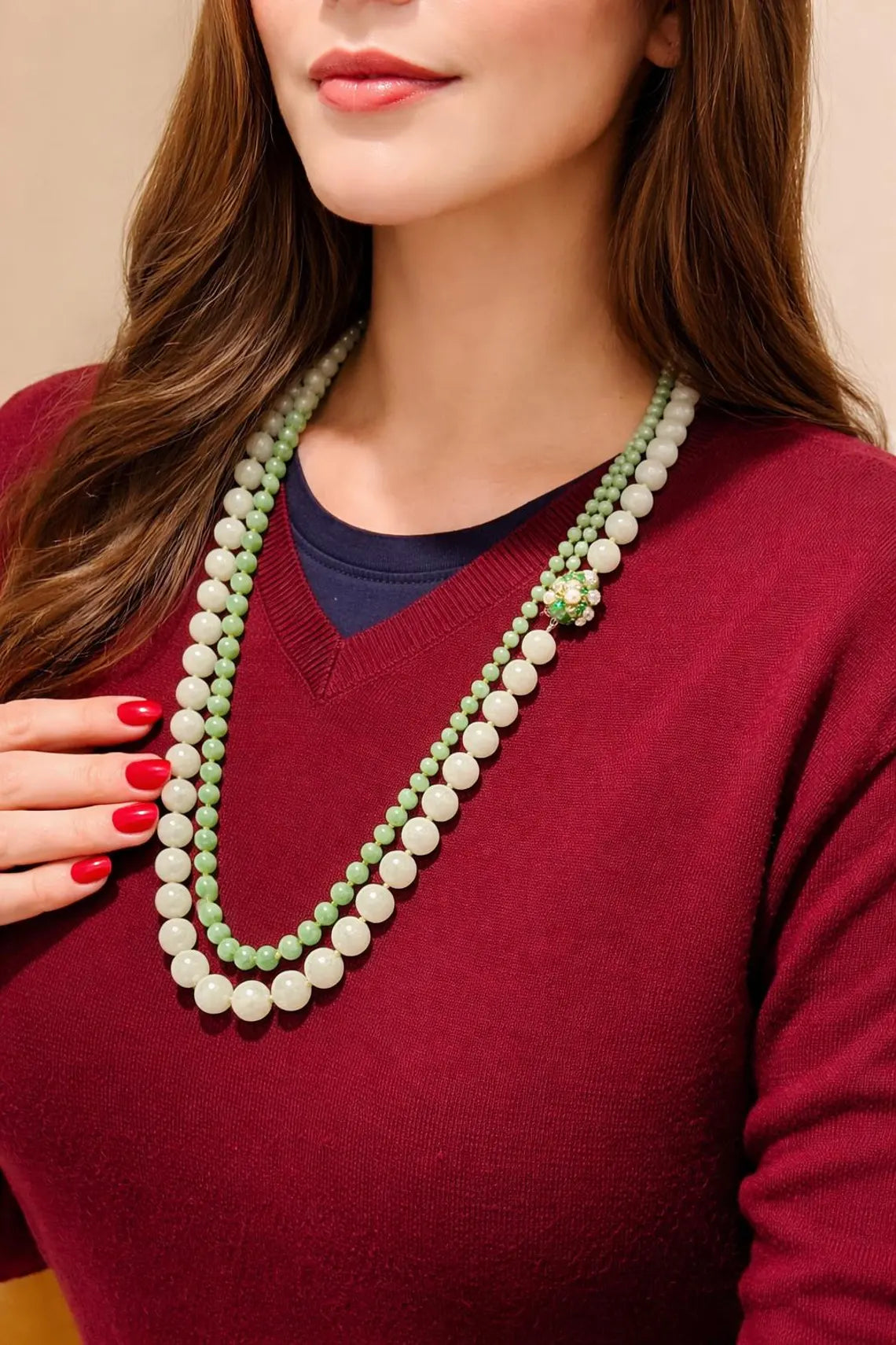 Certified Double Strand Natural Jade Bead Necklace, 14k Diamond Pearl Clasp, Statement Piece