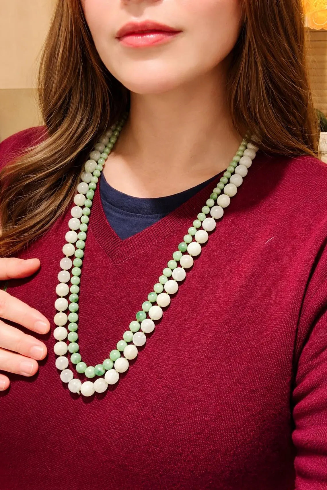 Certified Double Strand Natural Jade Bead Necklace, 14k Diamond Pearl Clasp, Statement Piece
