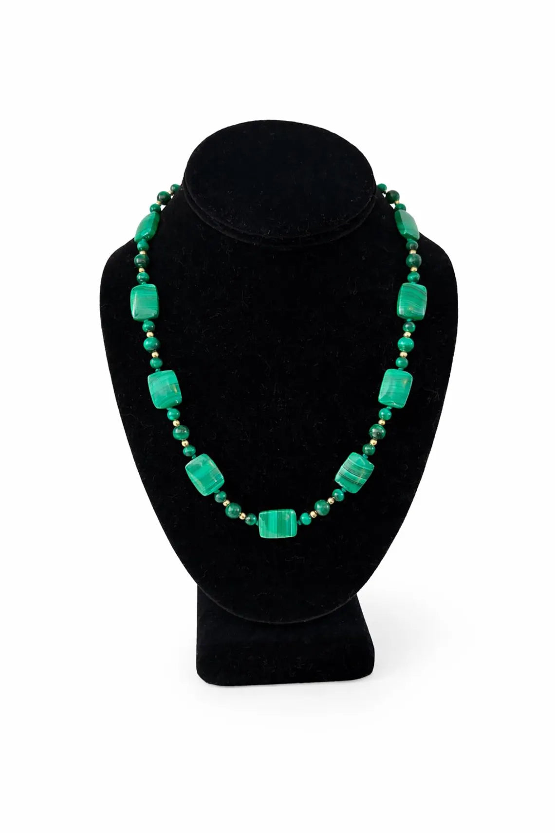 Vintage Malachite and 14K Gold Bead Necklace, Graduated Plaque Design, 50cm, 585 Clasp