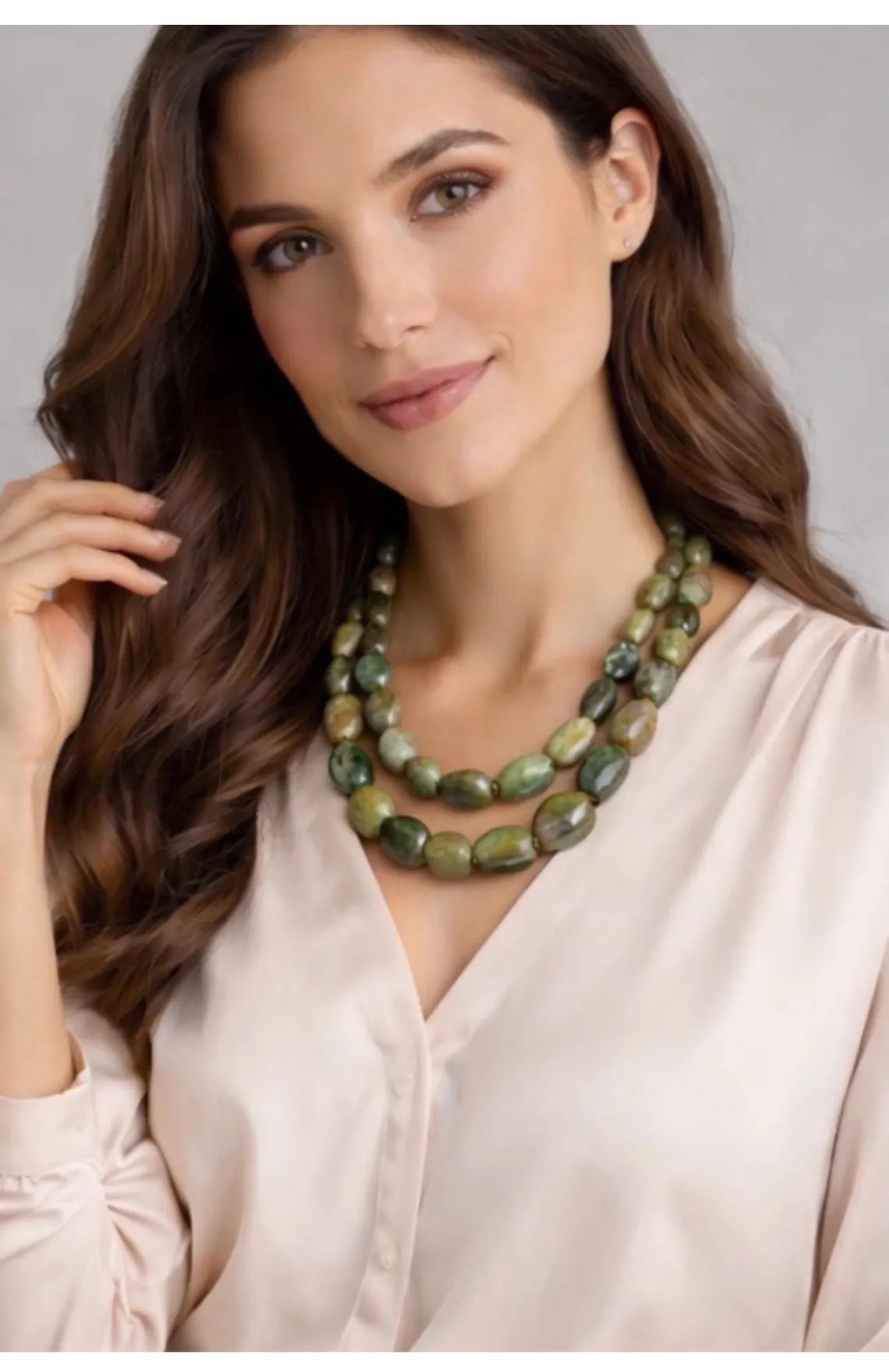 Vintage 1920s–40s Moss Agate Long Necklace