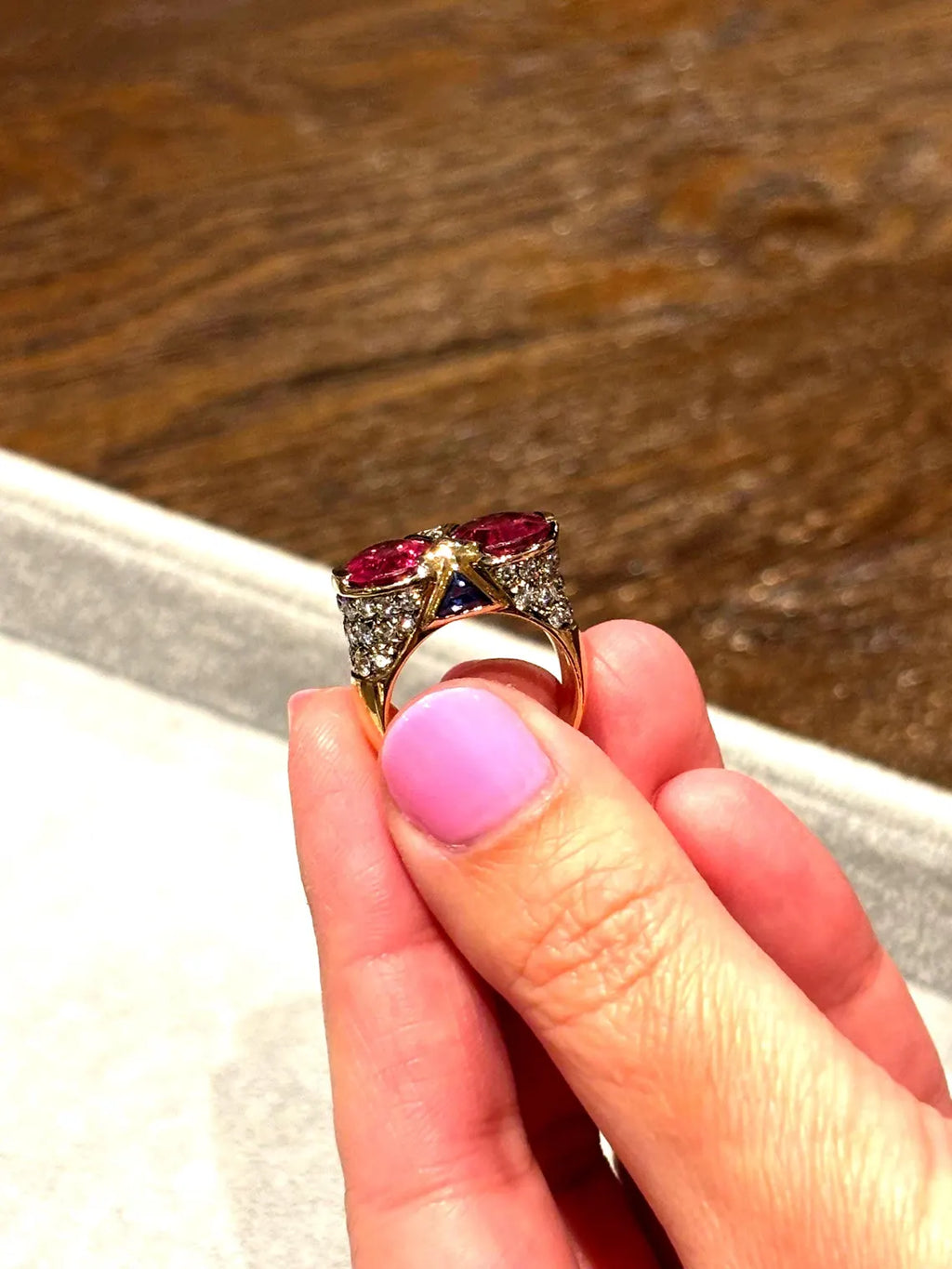 ART DECO STYLE Vintage Pink Tourmalines Diamonds & Sapphires Ring