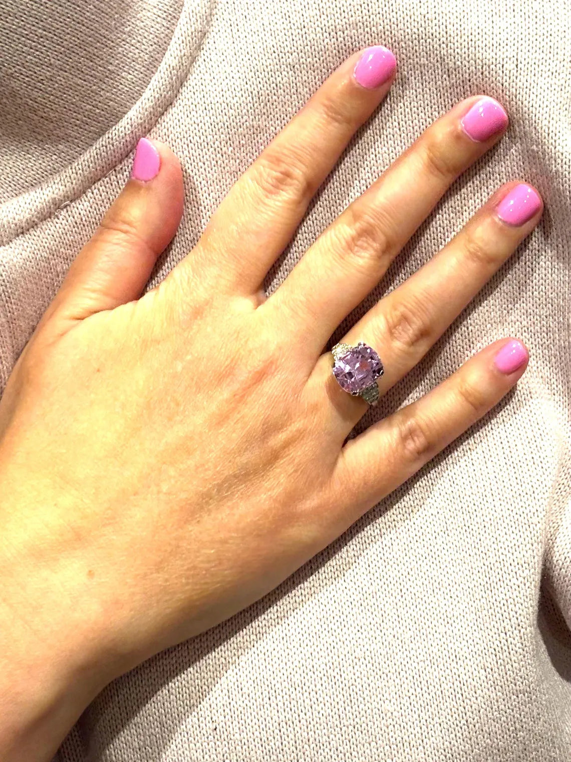 ART DECO Style 9.24 Carat KUNZITE Platinum Ring with Diamonds