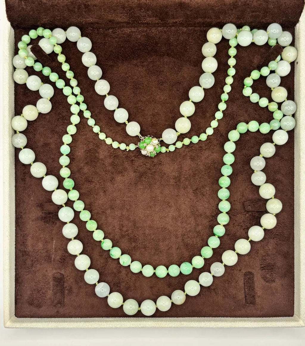 Certified Double Strand Natural Jade Bead Necklace, 14k Diamond Pearl Clasp, Statement Piece
